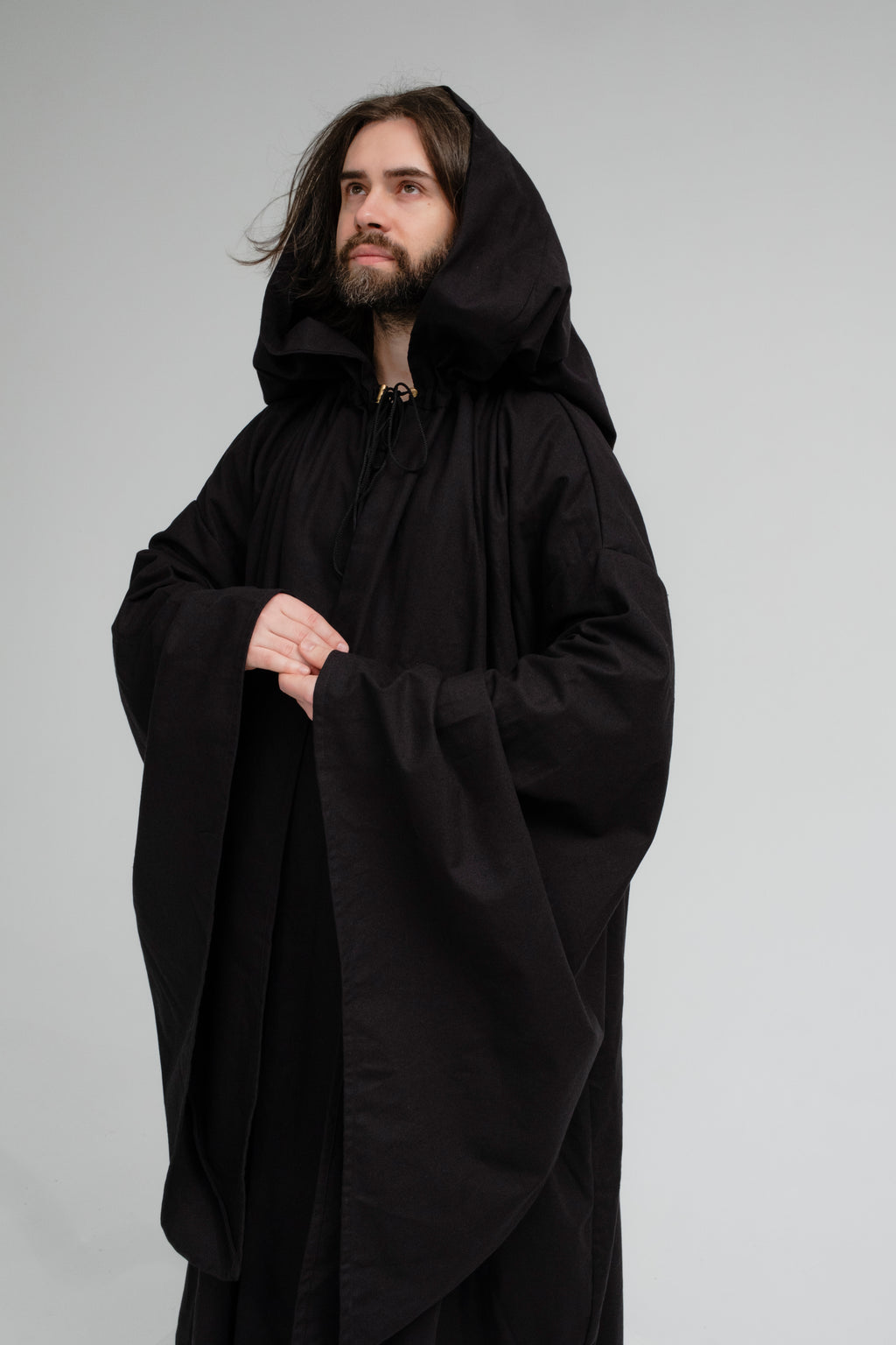 Raven Ritual Cloak – Black Linen Hooded Cape for Dark Minimalist Aesthetic