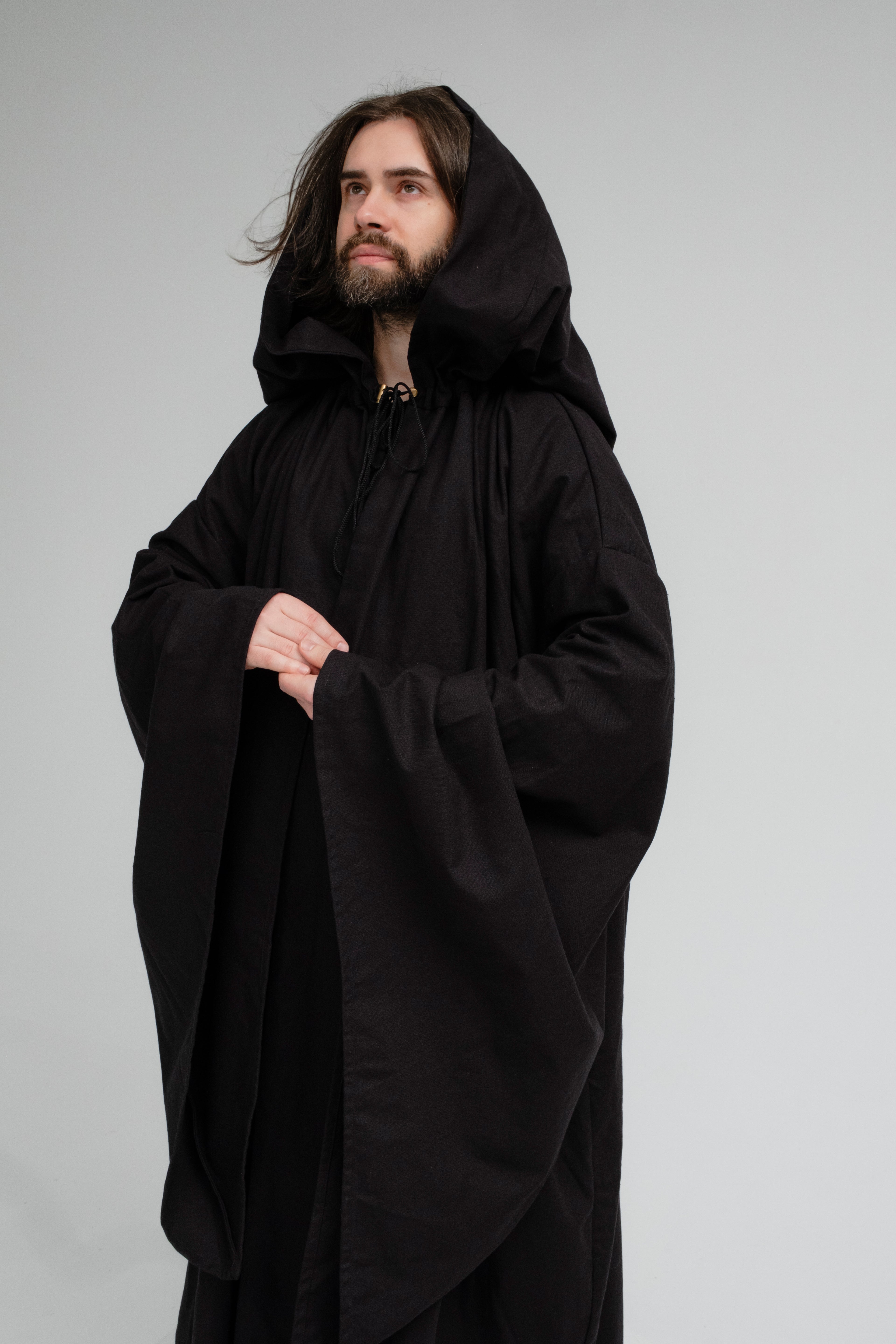 Raven Ritual Cloak – Black Linen Hooded Cape for Dark Minimalist Aesthetic