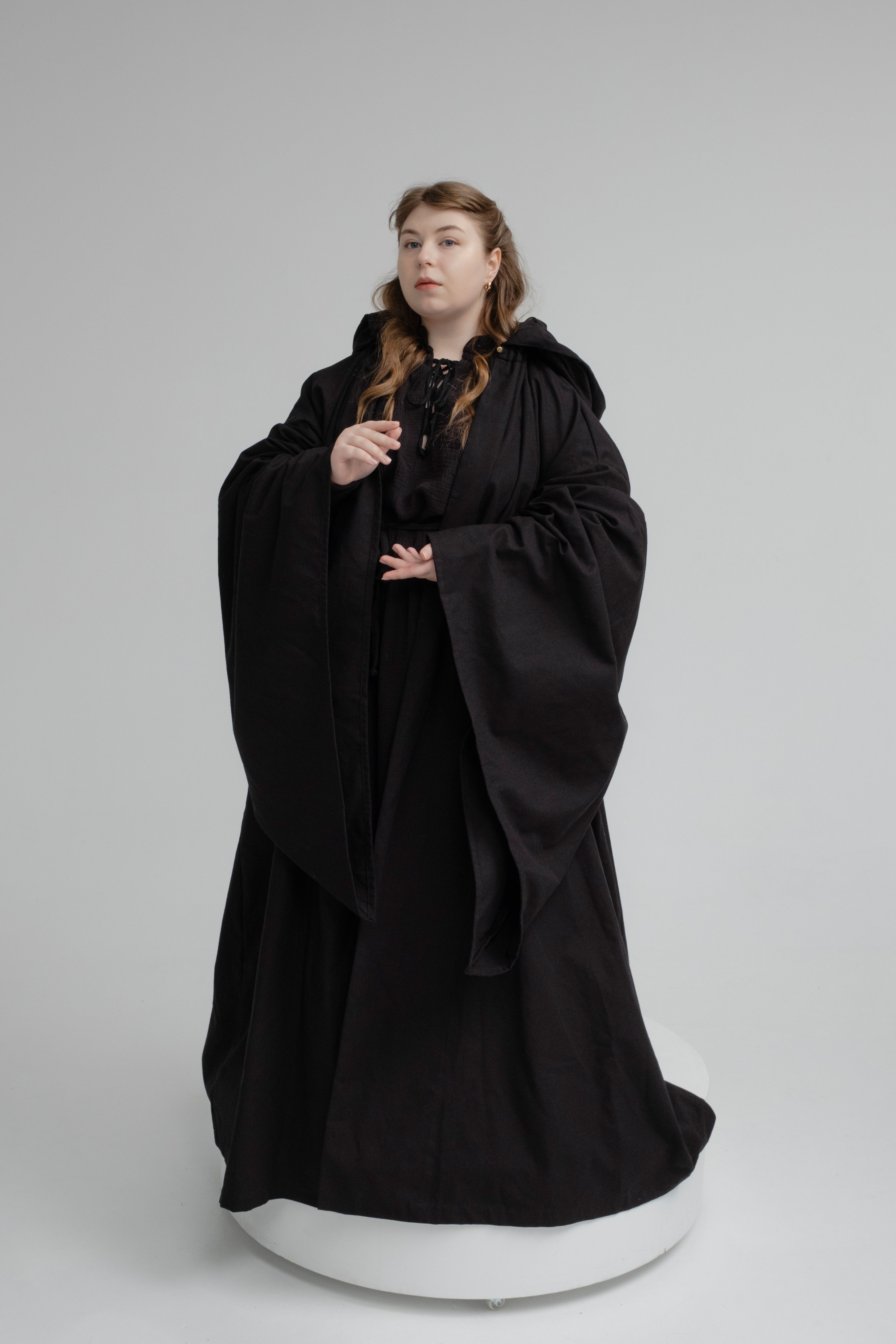 Raven Ritual Cloak – Black Linen Hooded Cape for Dark Minimalist Aesthetic