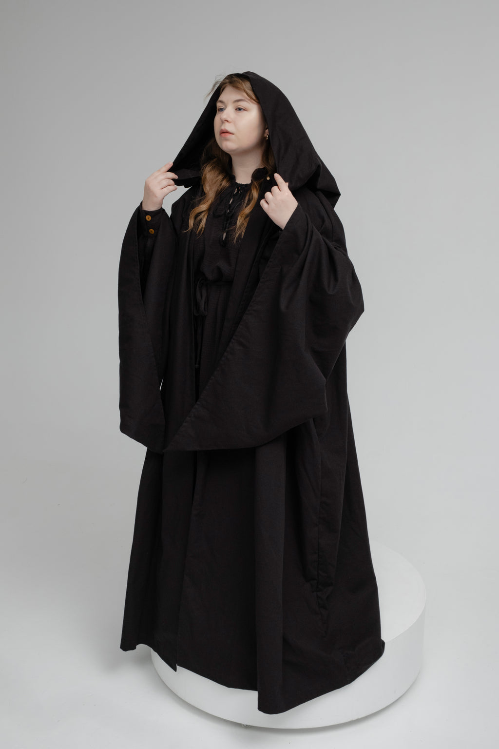 Raven Ritual Cloak – Black Linen Hooded Cape for Dark Minimalist Aesthetic