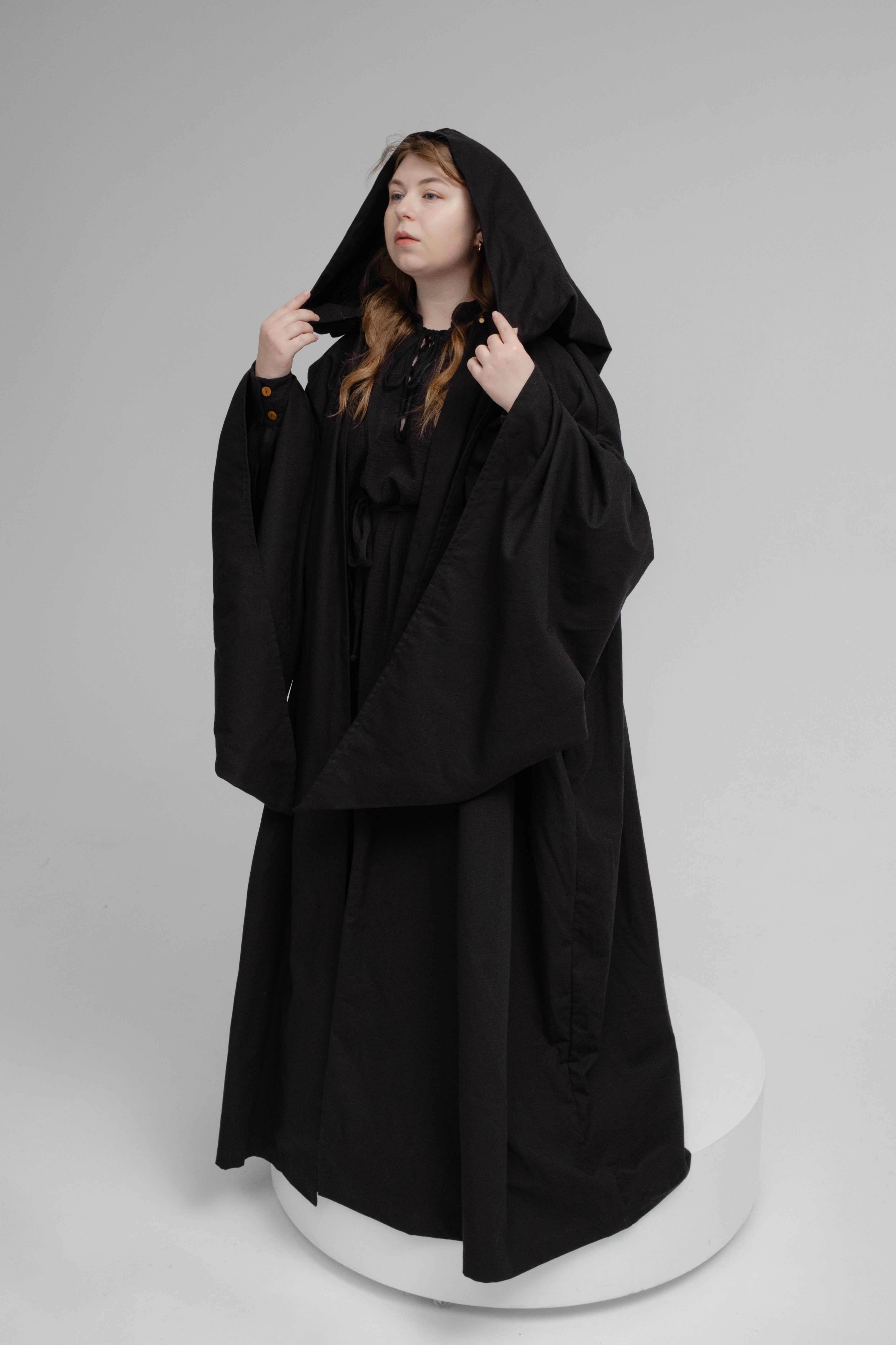 Raven Ritual Cloak – Black Linen Hooded Cape for Dark Minimalist Aesthetic