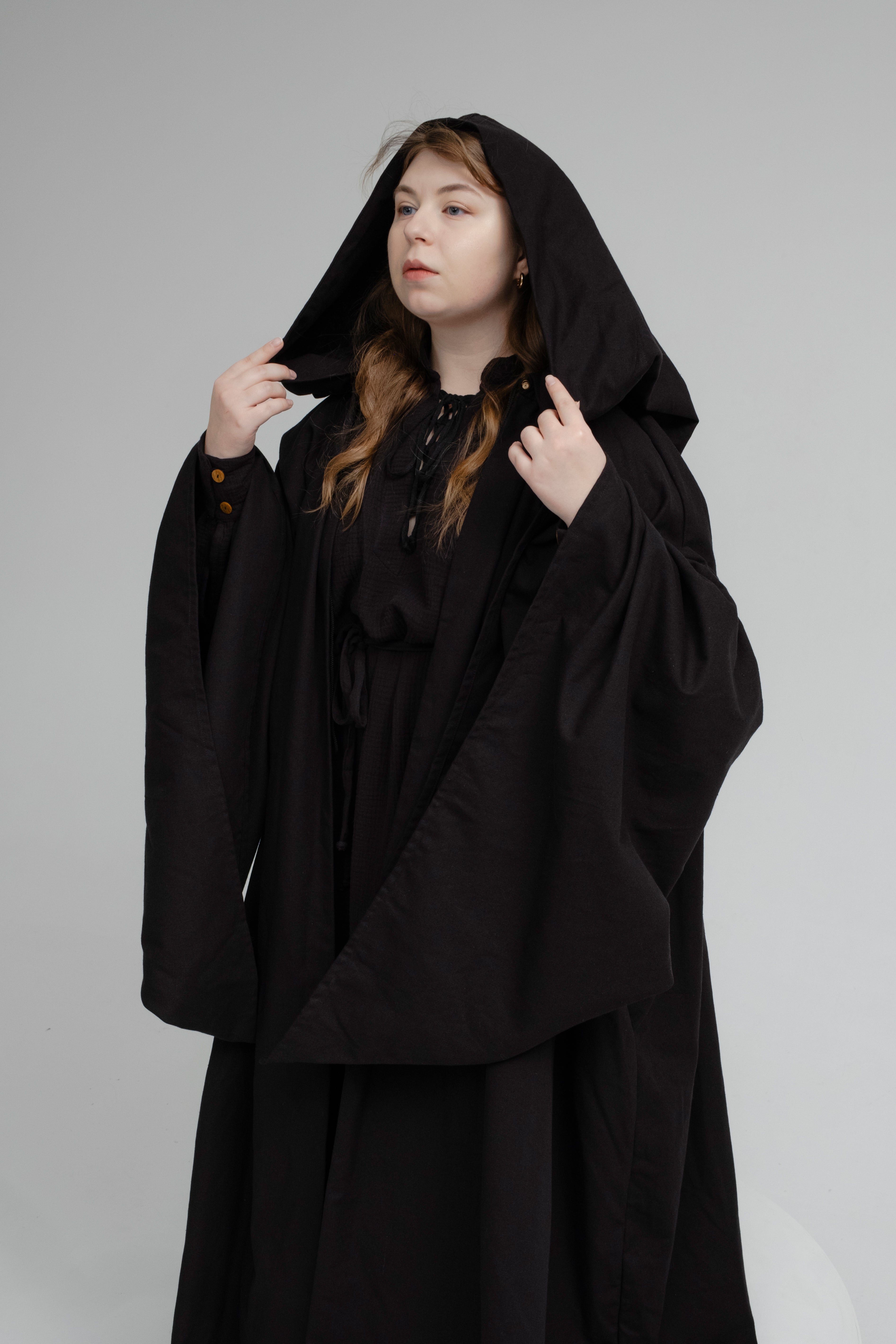 Handmade Raven Black Hooded Cloak – Dark Fantasy Wizard Cape