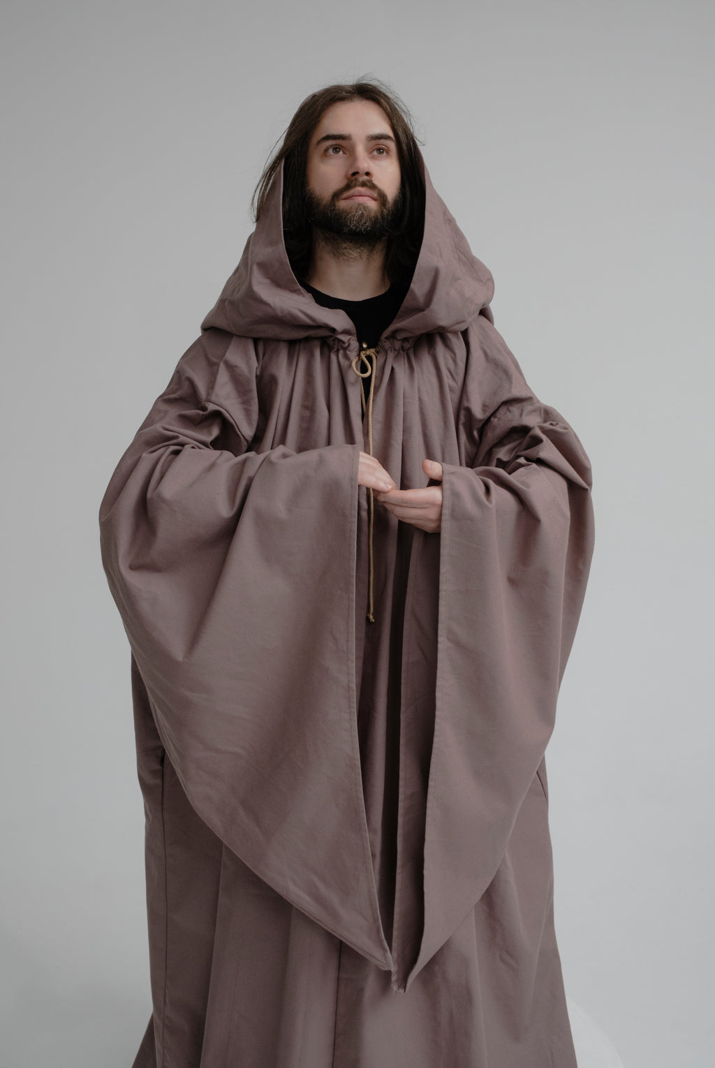 Ash Drift Cloak – Gray Linen Hooded Cape with Cappuccino Undertone
