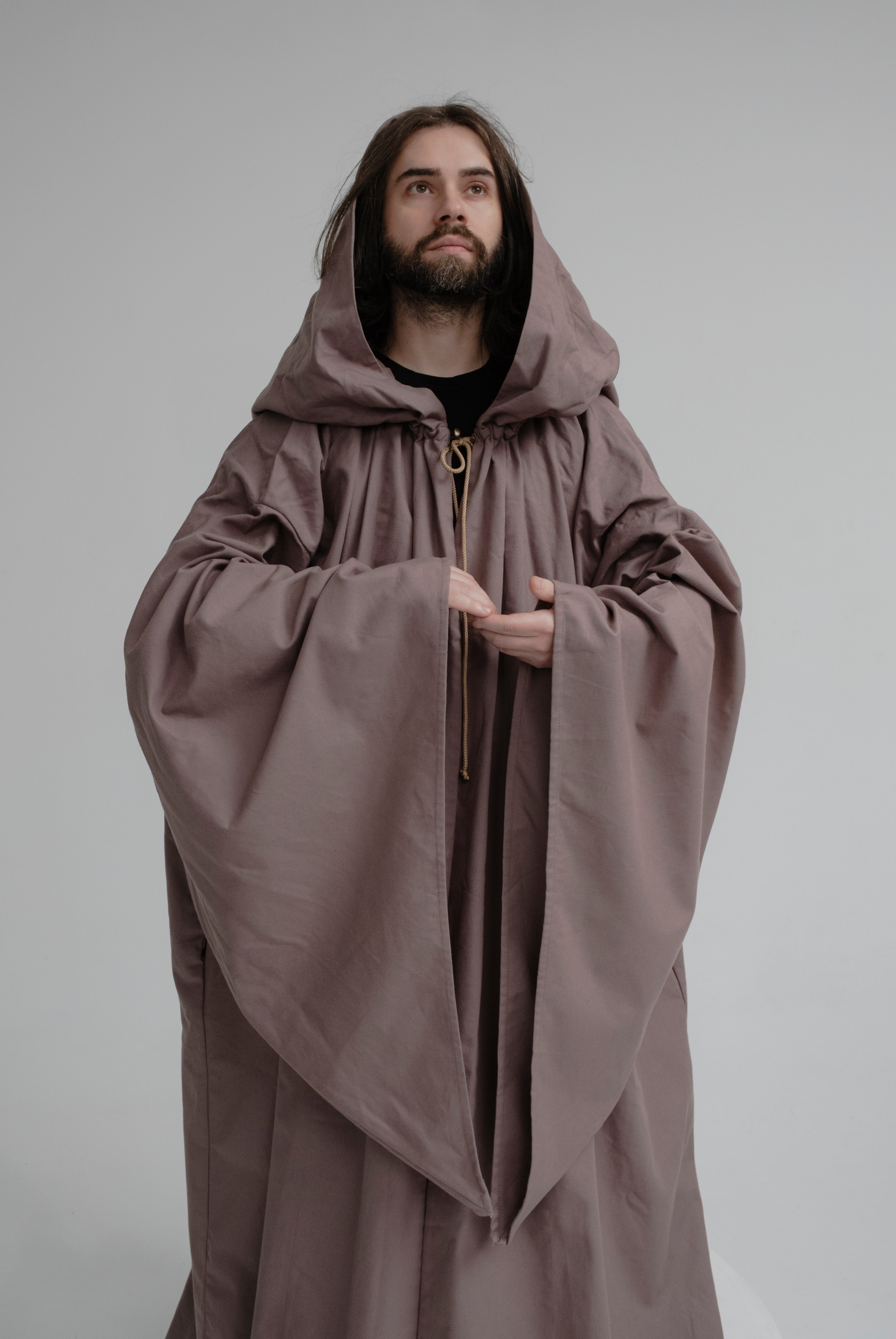 Ash Drift Cloak – Gray Linen Hooded Cape with Cappuccino Undertone