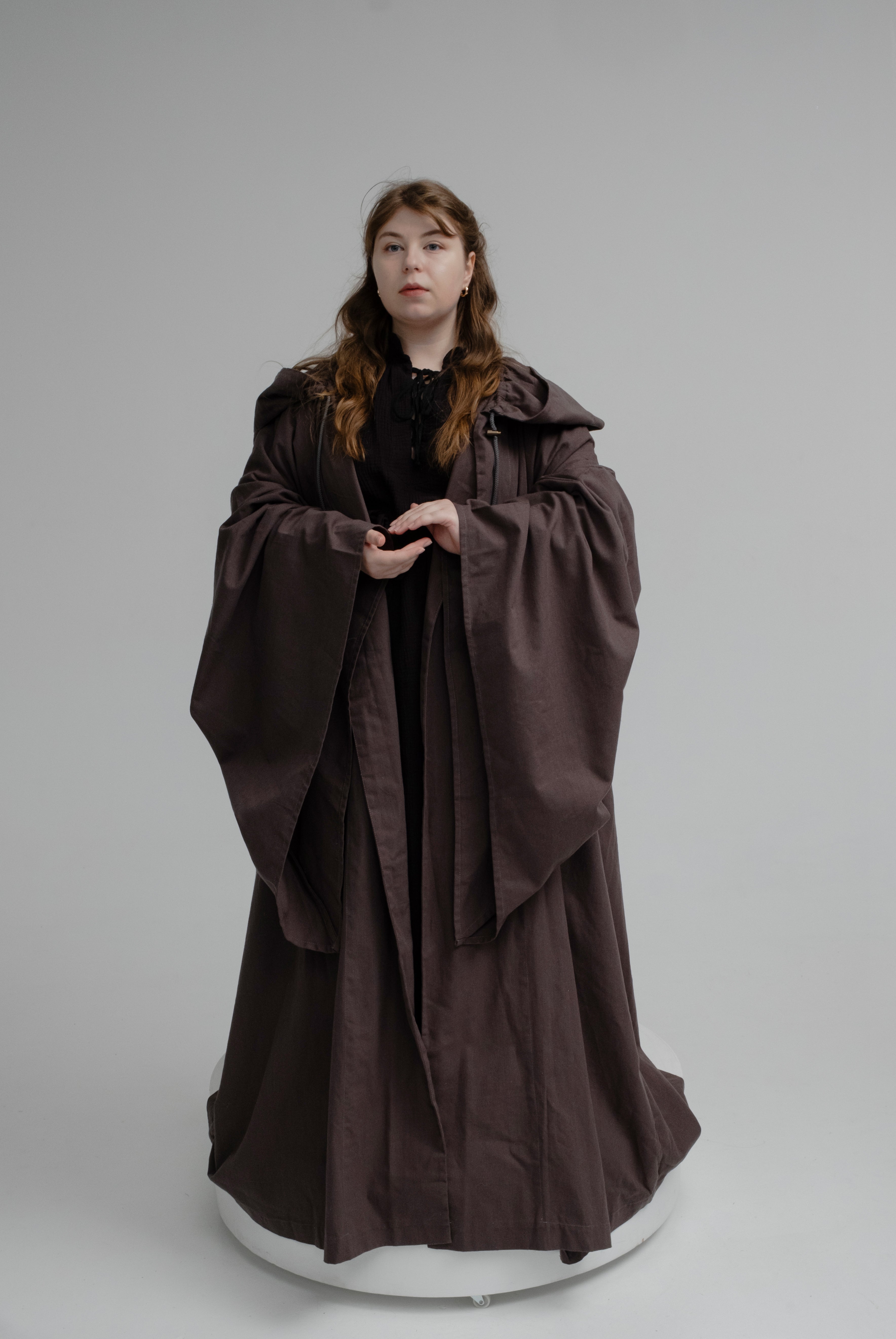 Chocolate Layered Set – Brown Linen Cloak and Black Muslin Tunic with Earth-Toned Silhouette