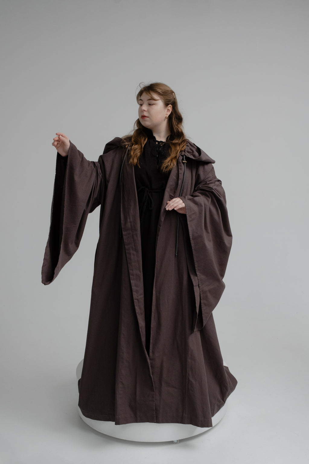 Chocolate Layered Set – Brown Linen Cloak and Black Muslin Tunic with Earth-Toned Silhouette