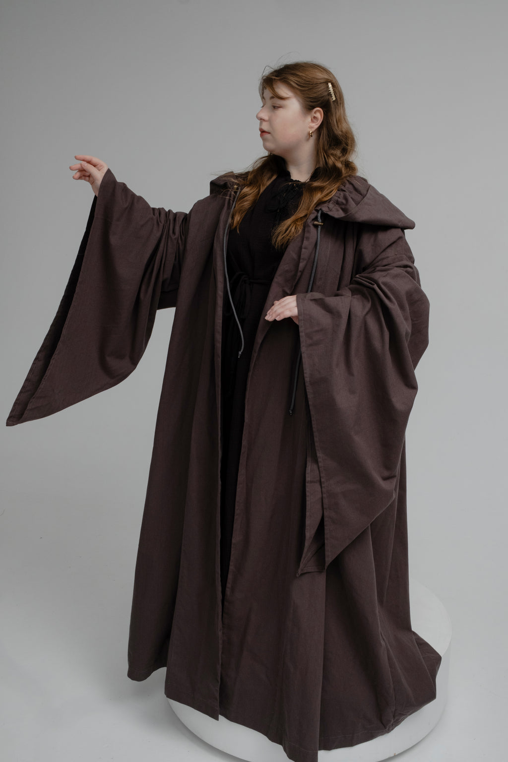 Chocolate Layered Set – Brown Linen Cloak and Black Muslin Tunic with Earth-Toned Silhouette