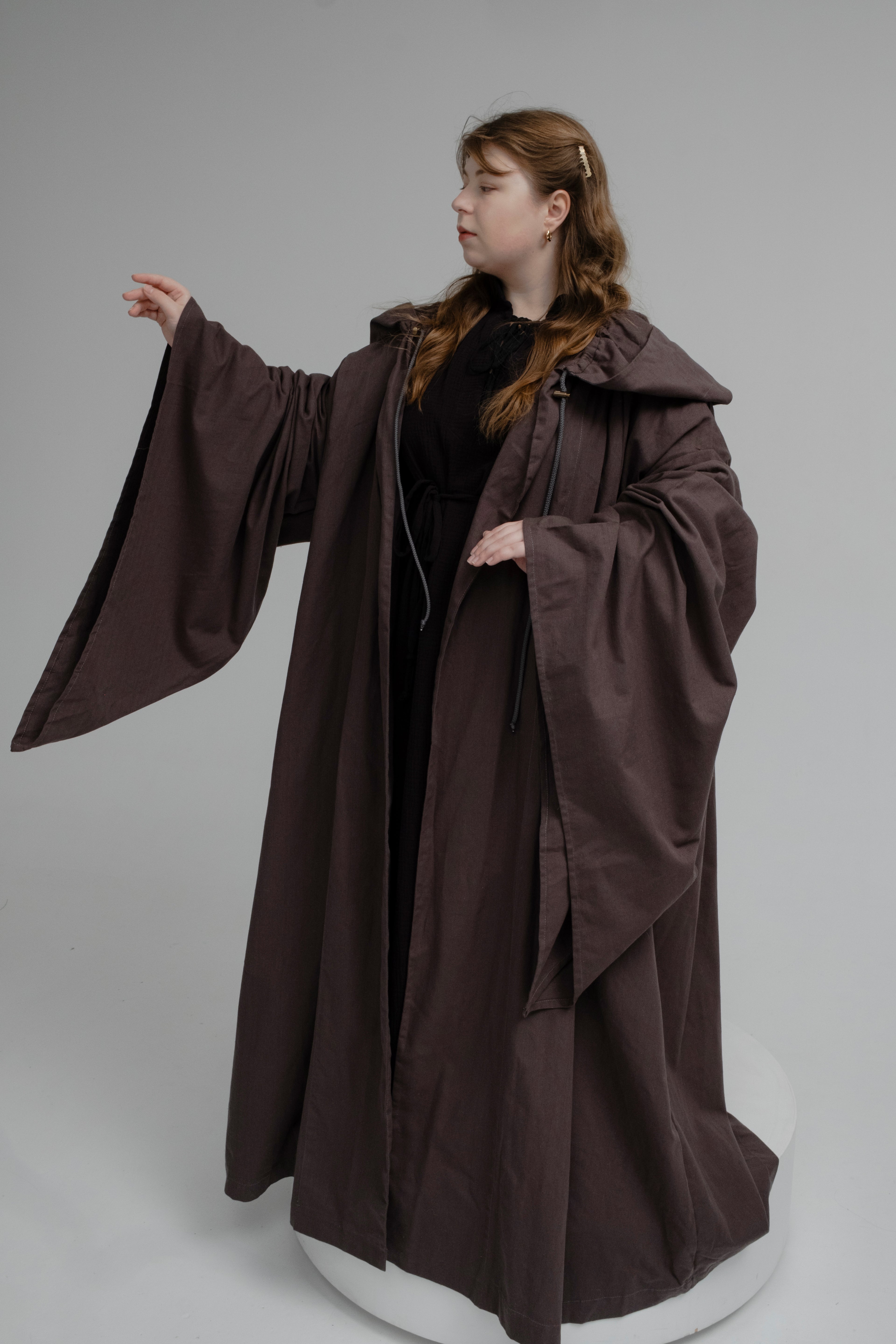 Chocolate Layered Set – Brown Linen Cloak and Black Muslin Tunic with Earth-Toned Silhouette