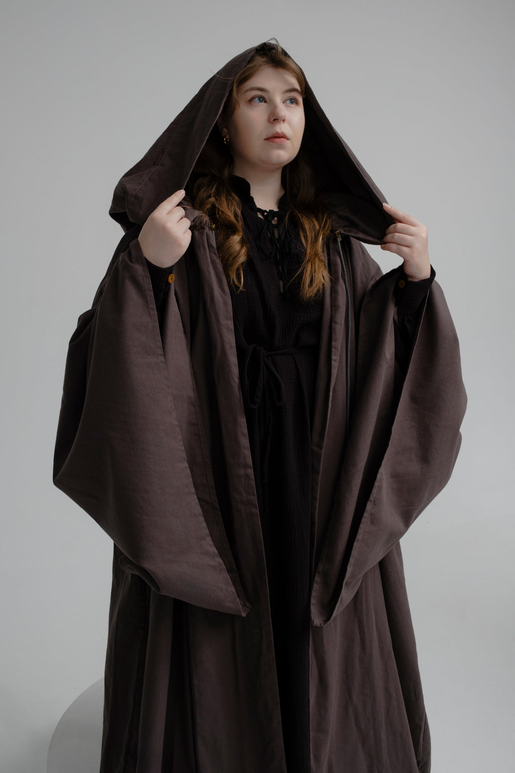 Deep Earth Cloak – Chocolate Linen Hooded Cape with Rich Natural Texture