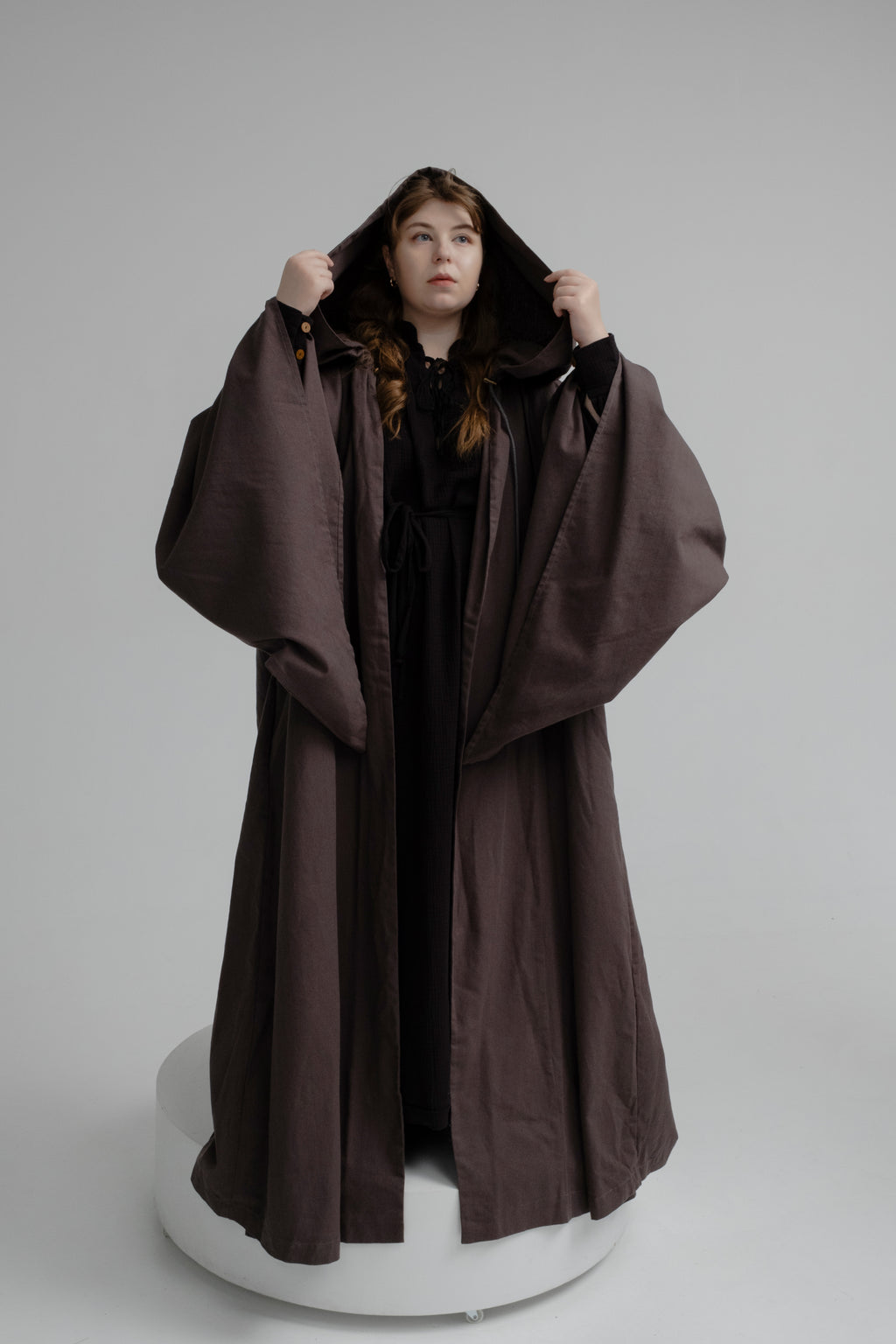 Deep Earth Cloak – Chocolate Linen Hooded Cape with Rich Natural Texture