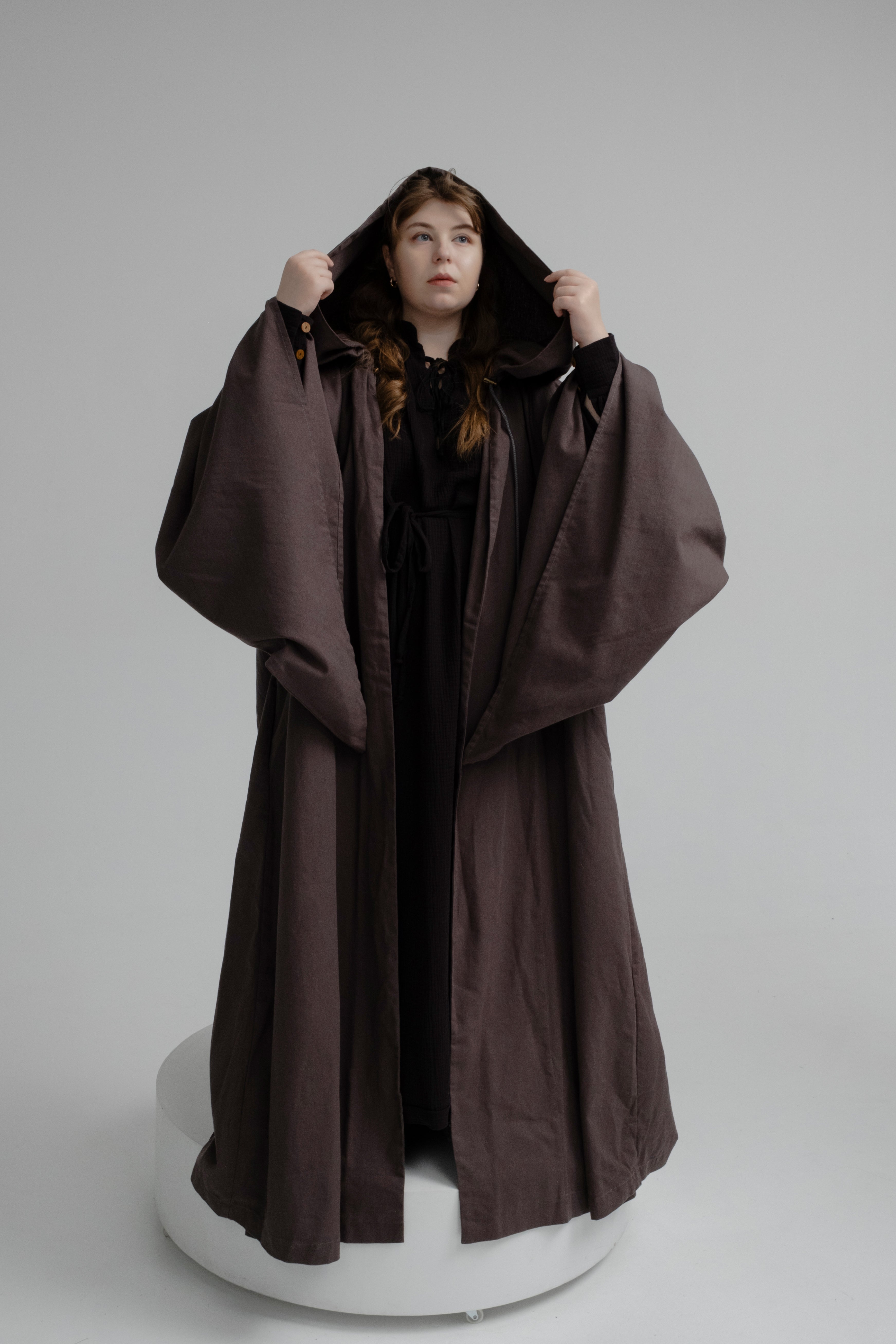 Deep Earth Cloak – Chocolate Linen Hooded Cape with Rich Natural Texture