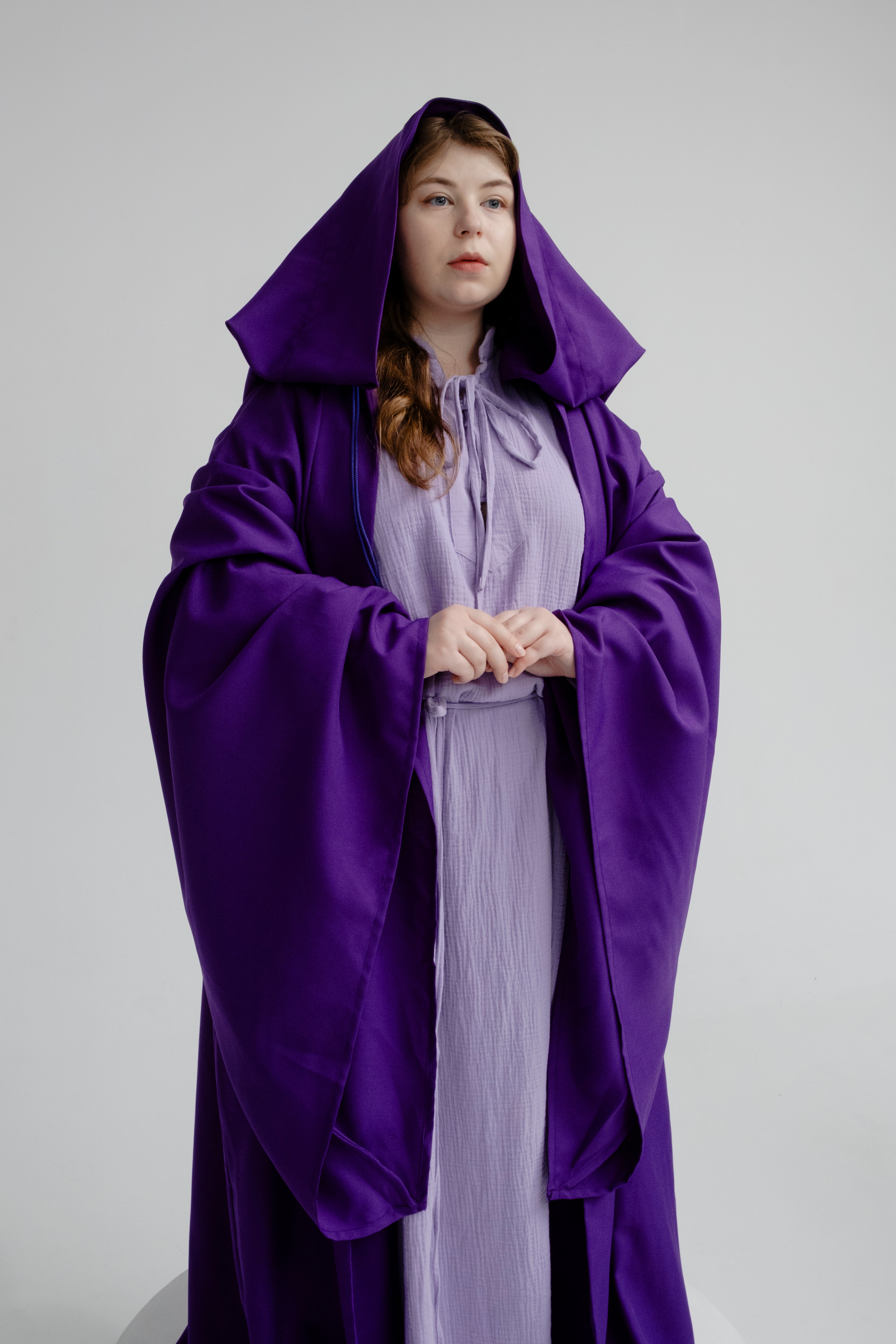 Arcane Mist Cloak – Violet Gabardine Hooded Cape with Smooth Structure
