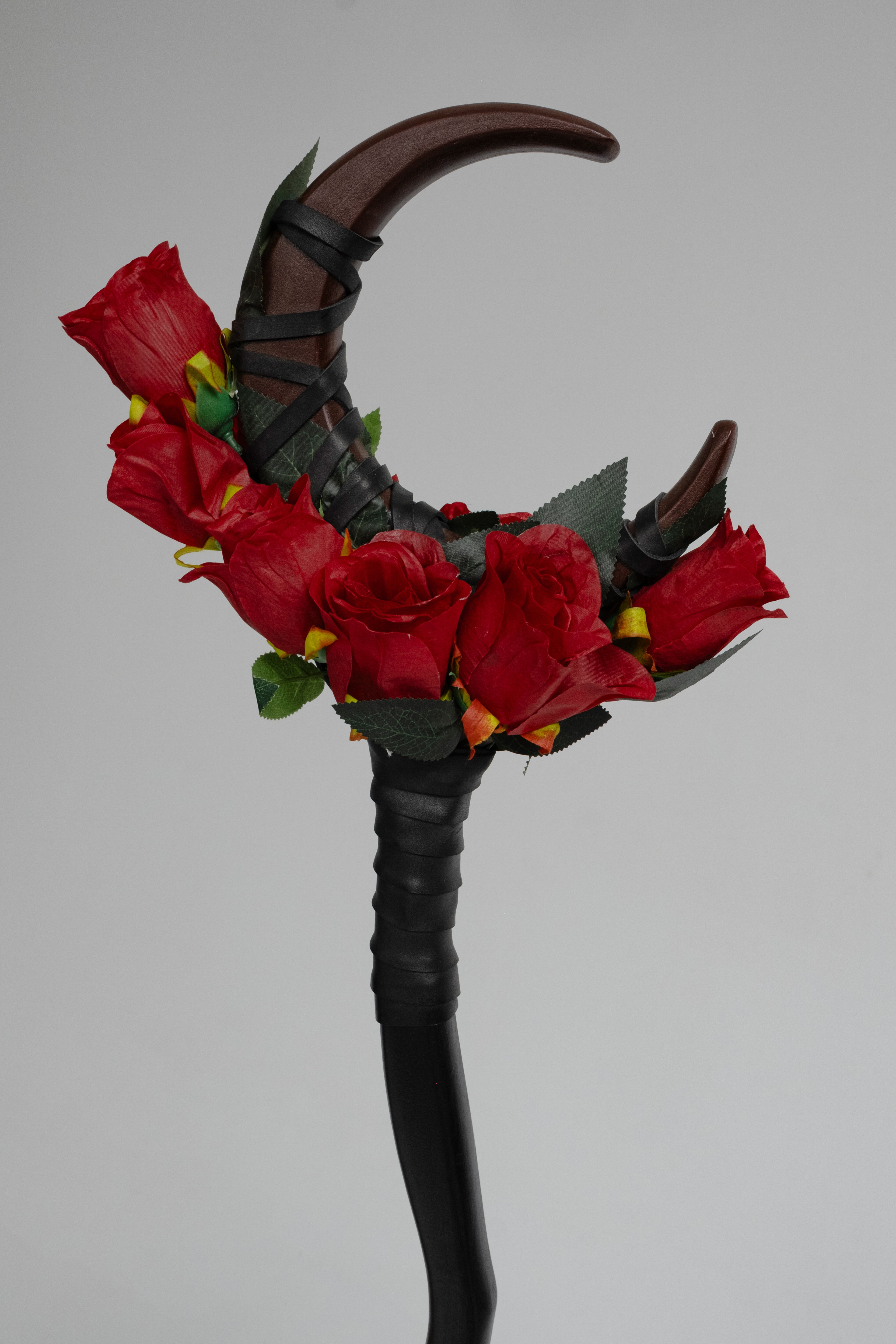 Rosebud Burgundy Crescent Moon Staff with deep burgundy floral details
