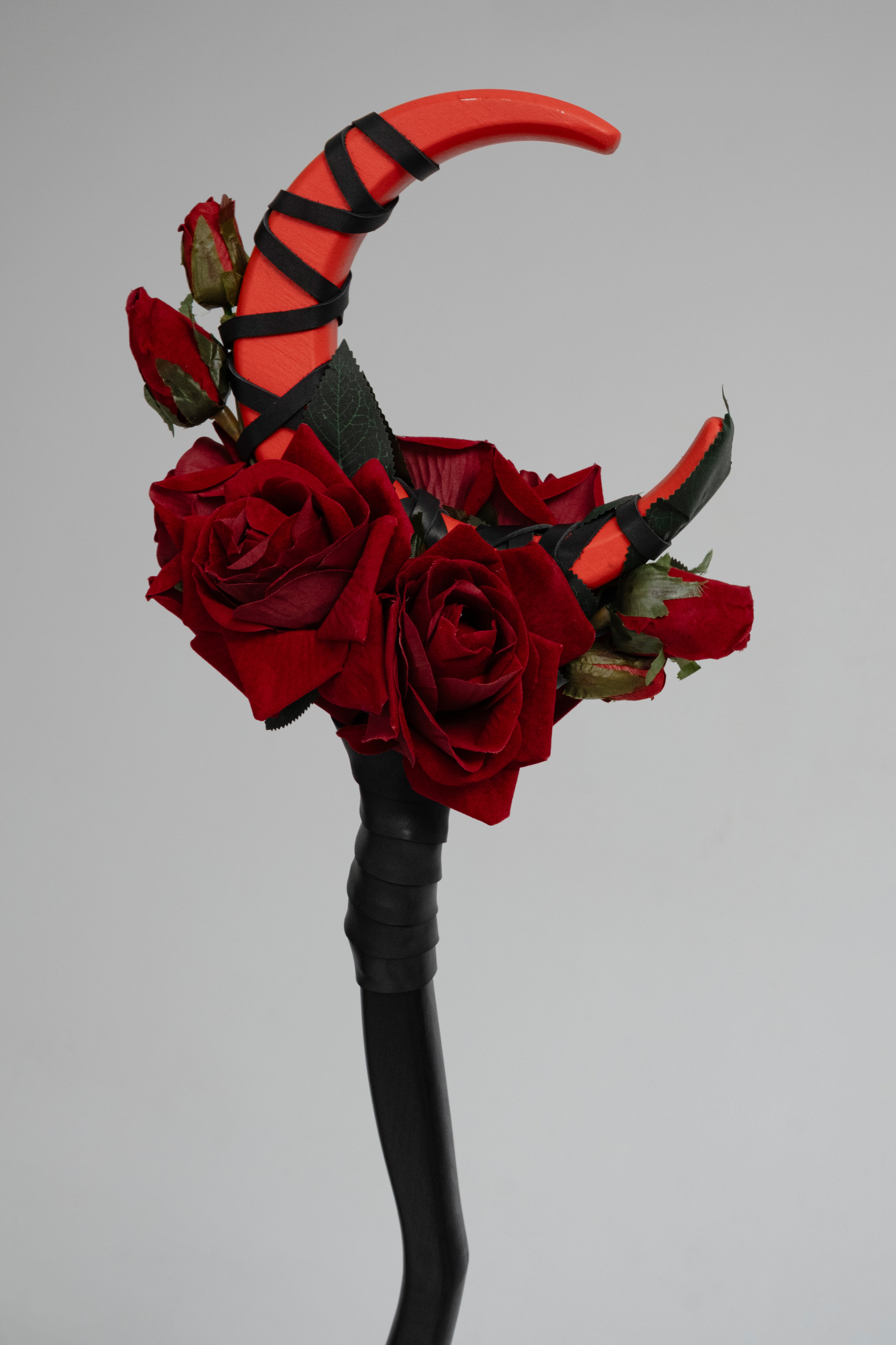 Blood Rose Crescent Moon Staff with crimson floral design
