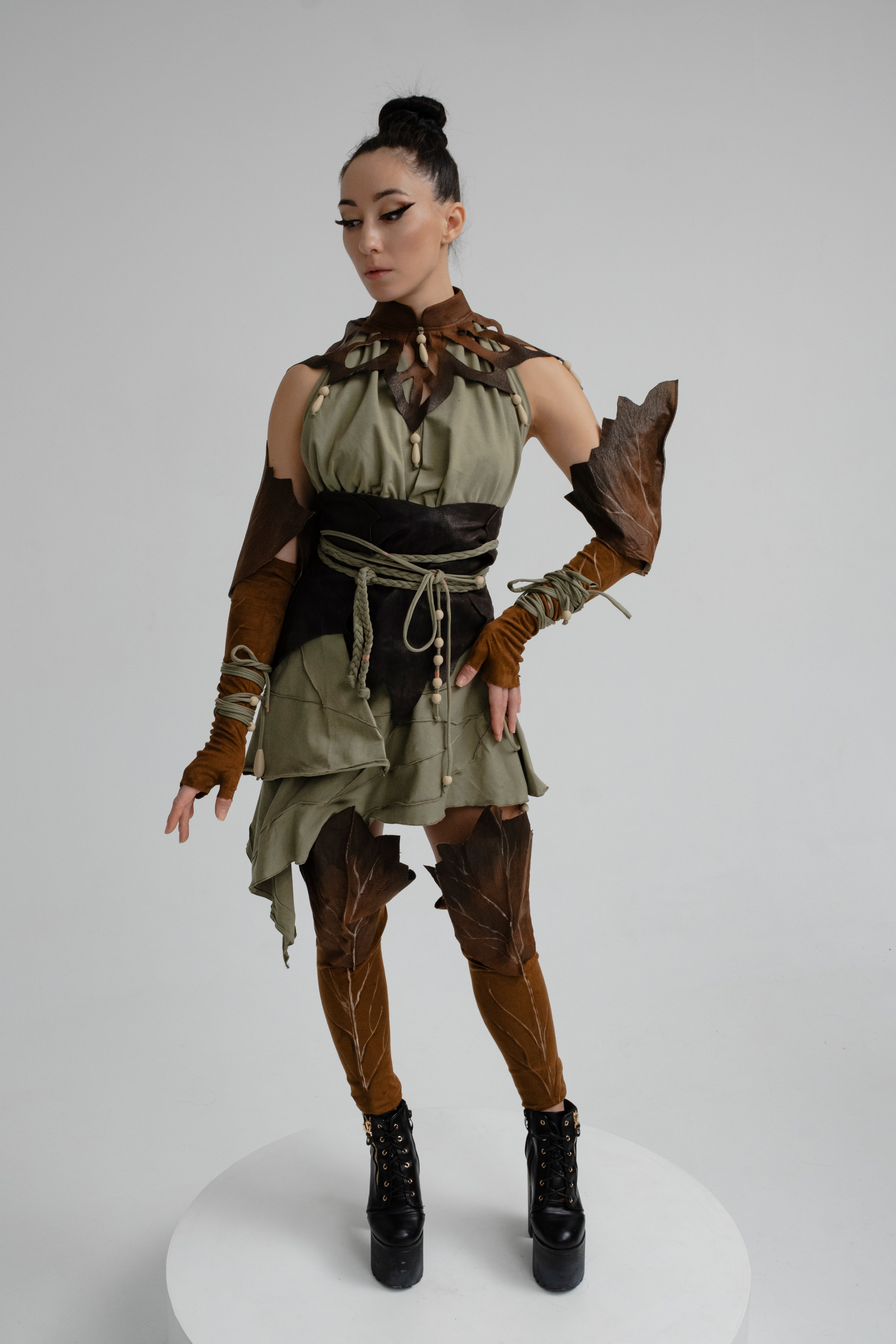 Forest fairy costume back view leaf armor elements and laced bodice