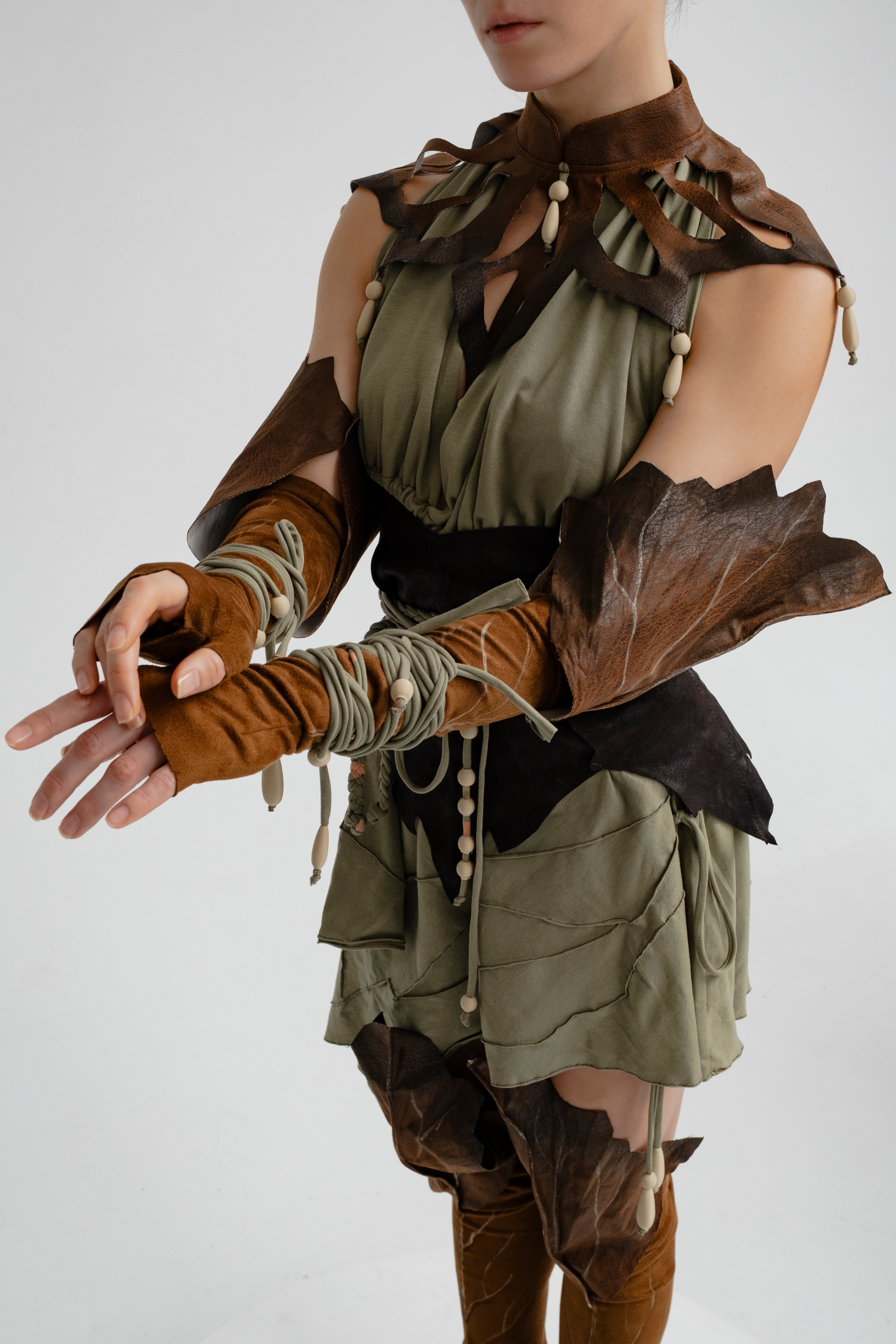 Woodland fantasy outfit leaf collar and layered dress handmade details