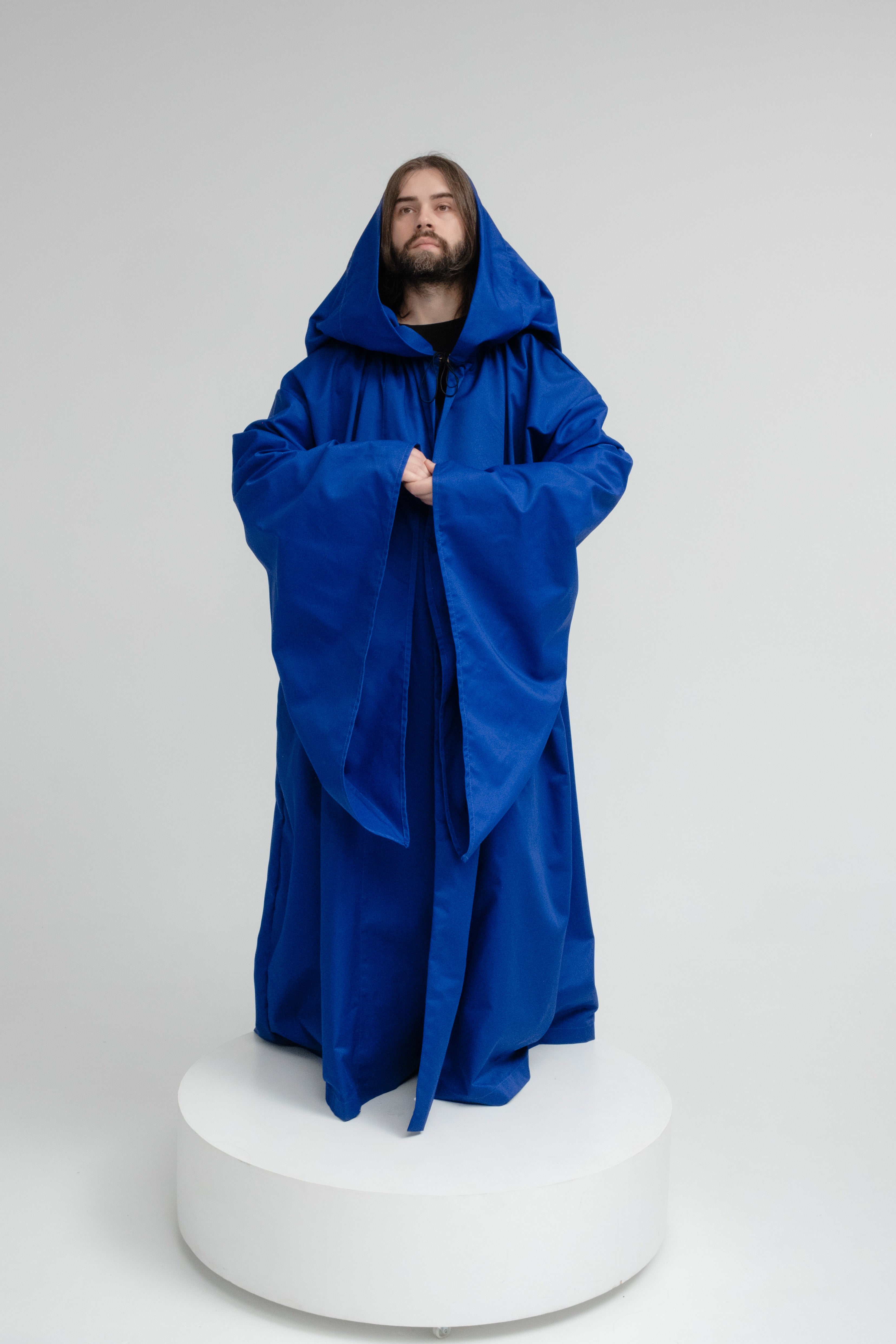 Royal Presence Cloak – Deep Blue Twill Hooded Cape with Defined Shape