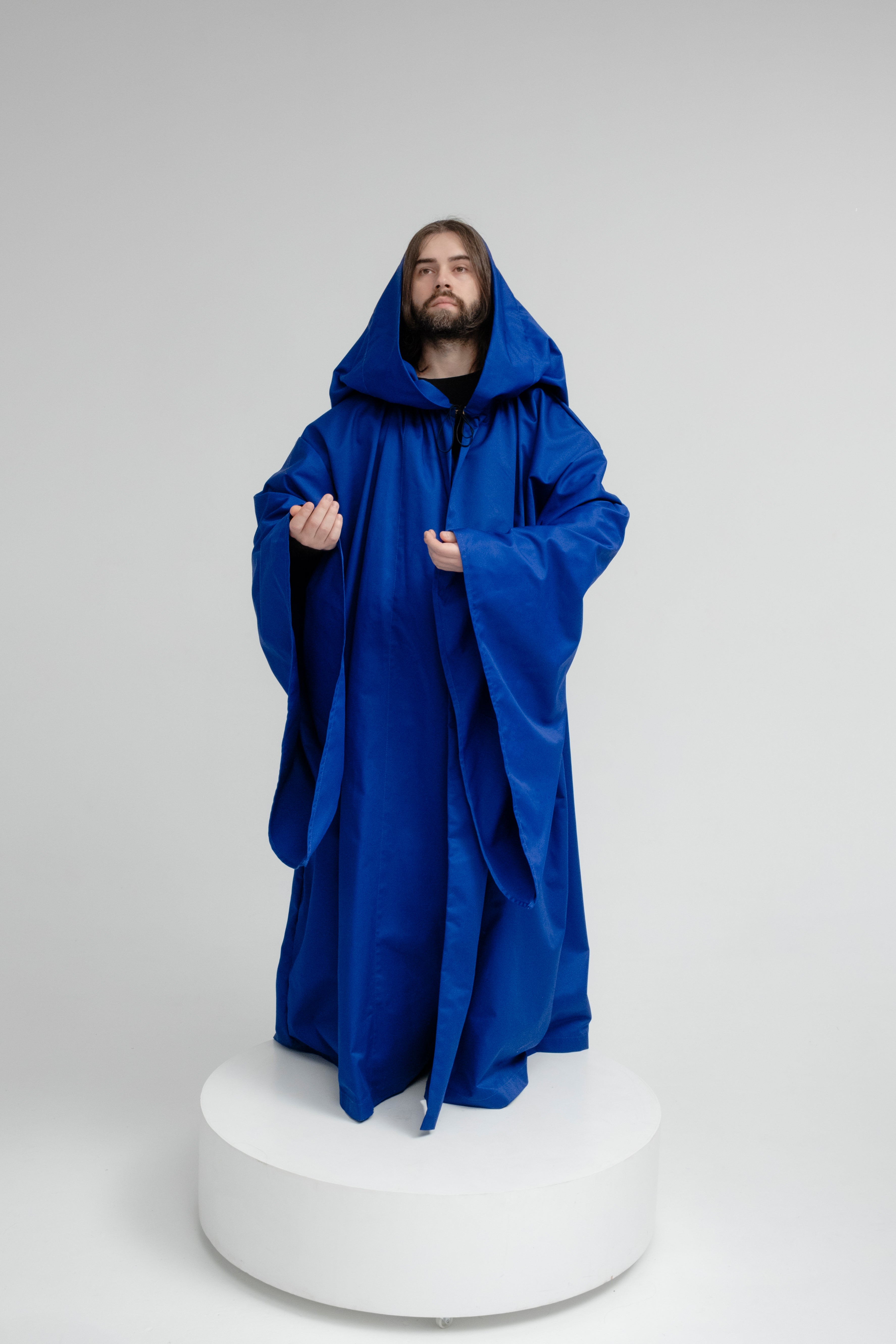 Royal Presence Cloak – Deep Blue Twill Hooded Cape with Defined Shape