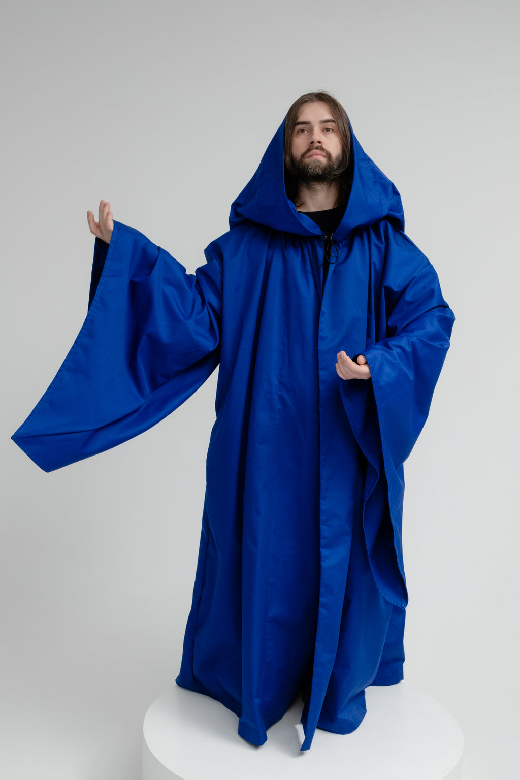 Royal Presence Cloak – Deep Blue Twill Hooded Cape with Defined Shape