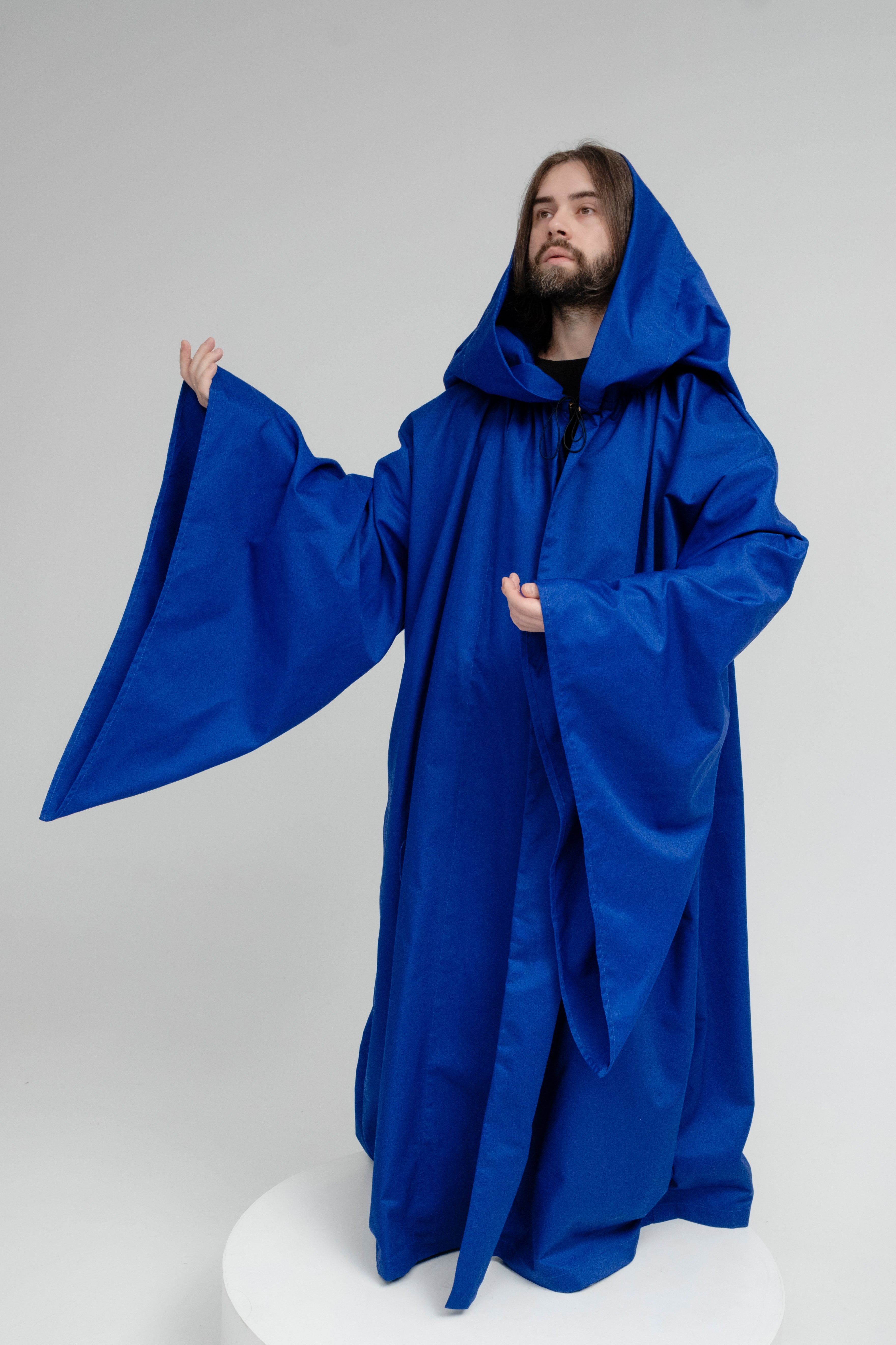 Royal Presence Cloak – Deep Blue Twill Hooded Cape with Defined Shape
