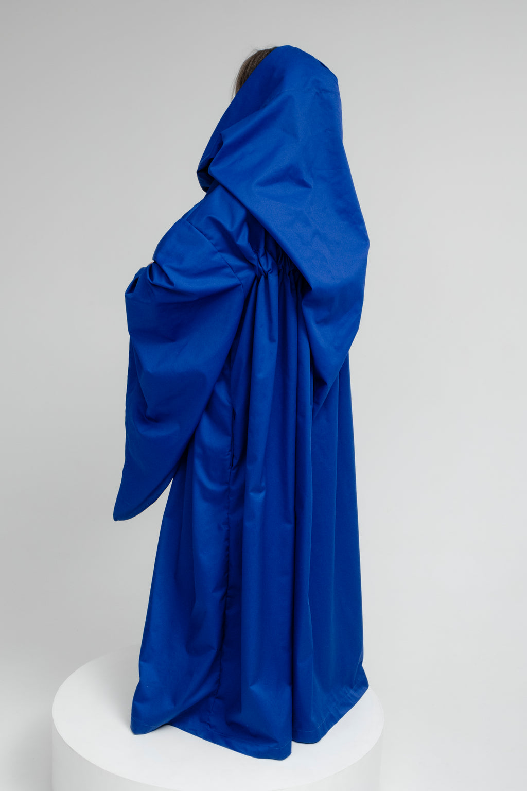 Royal Presence Cloak – Deep Blue Twill Hooded Cape with Defined Shape