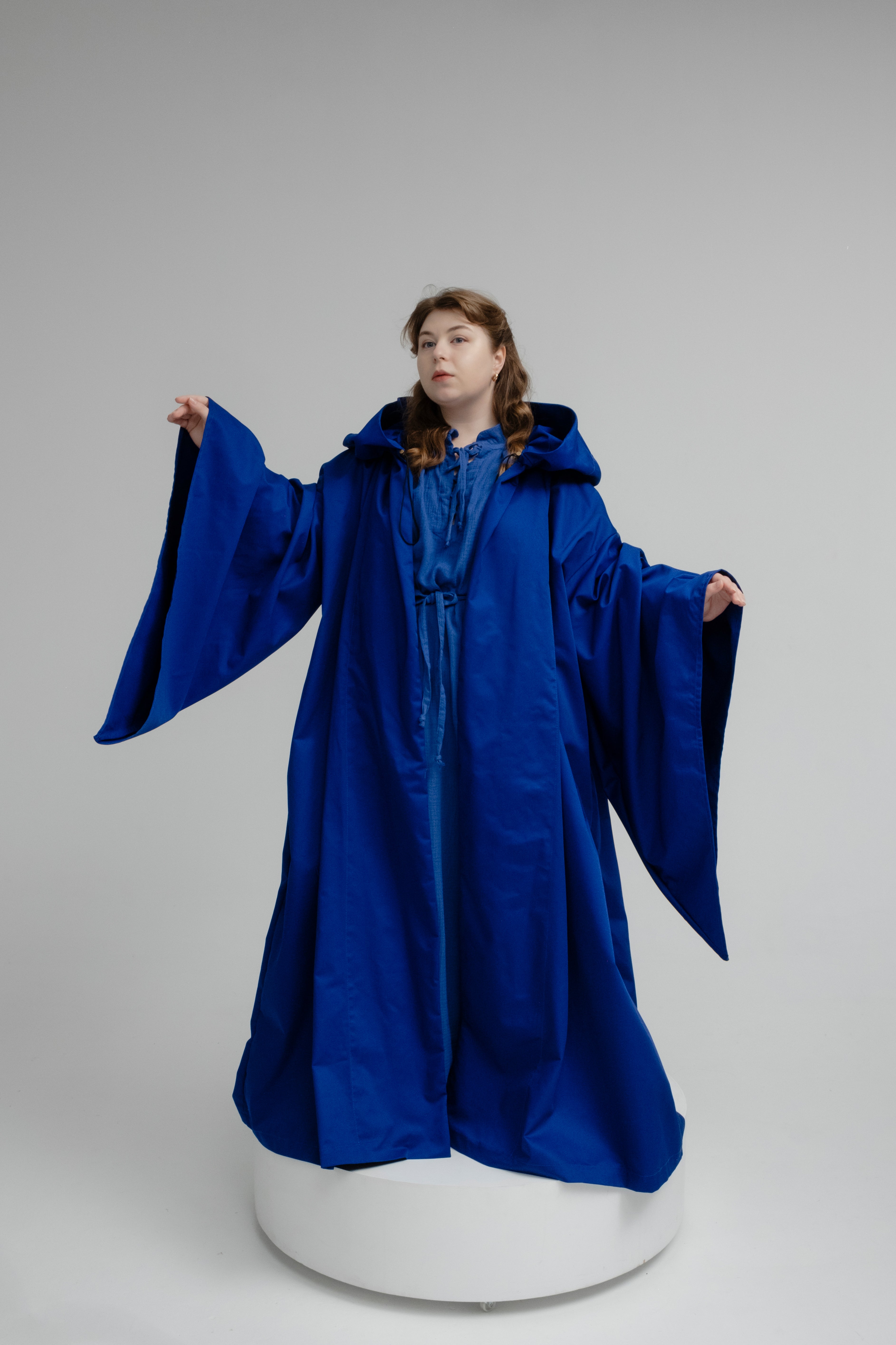 Royal Presence Cloak – Deep Blue Twill Hooded Cape with Defined Shape