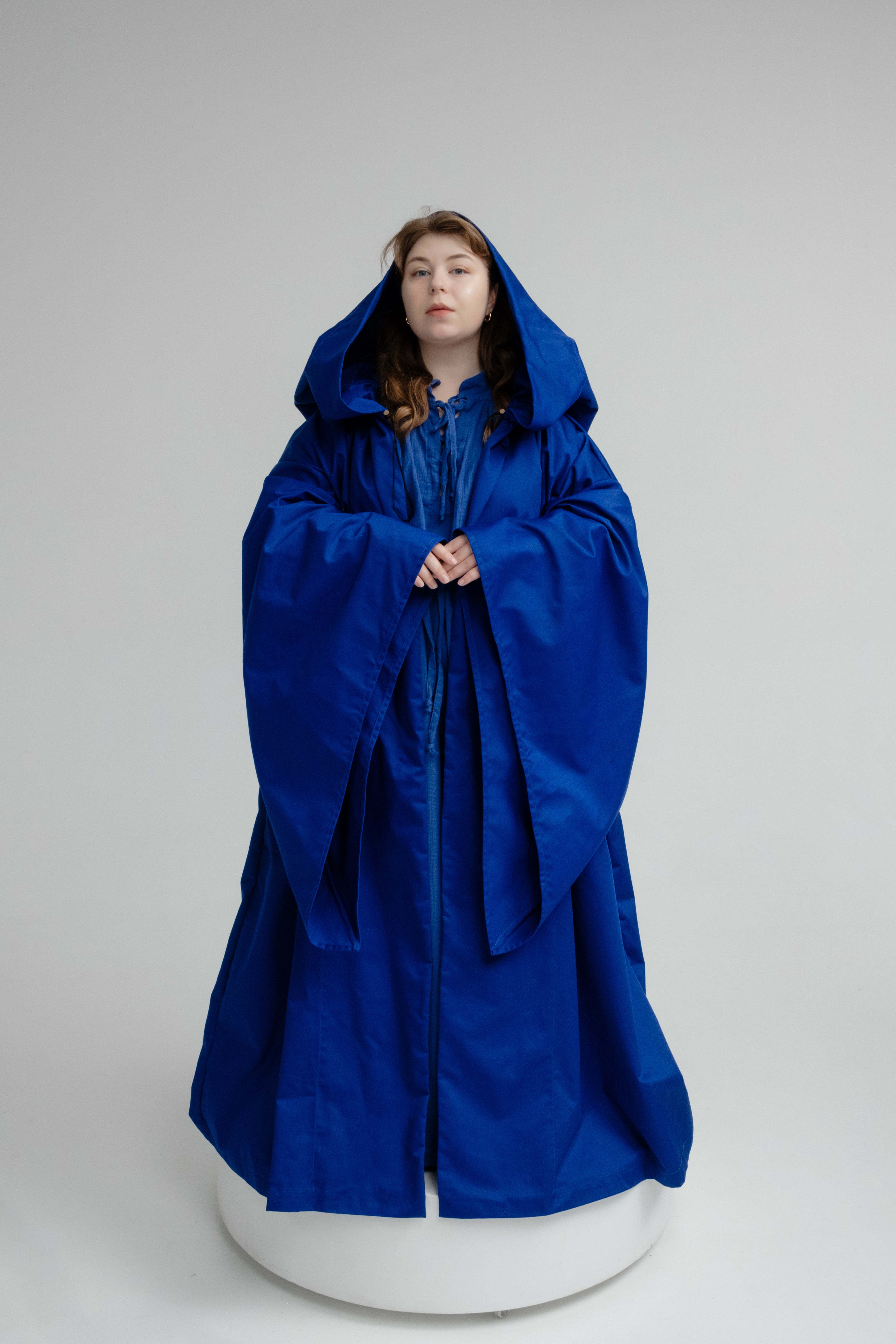 Royal Presence Cloak – Deep Blue Twill Hooded Cape with Defined Shape