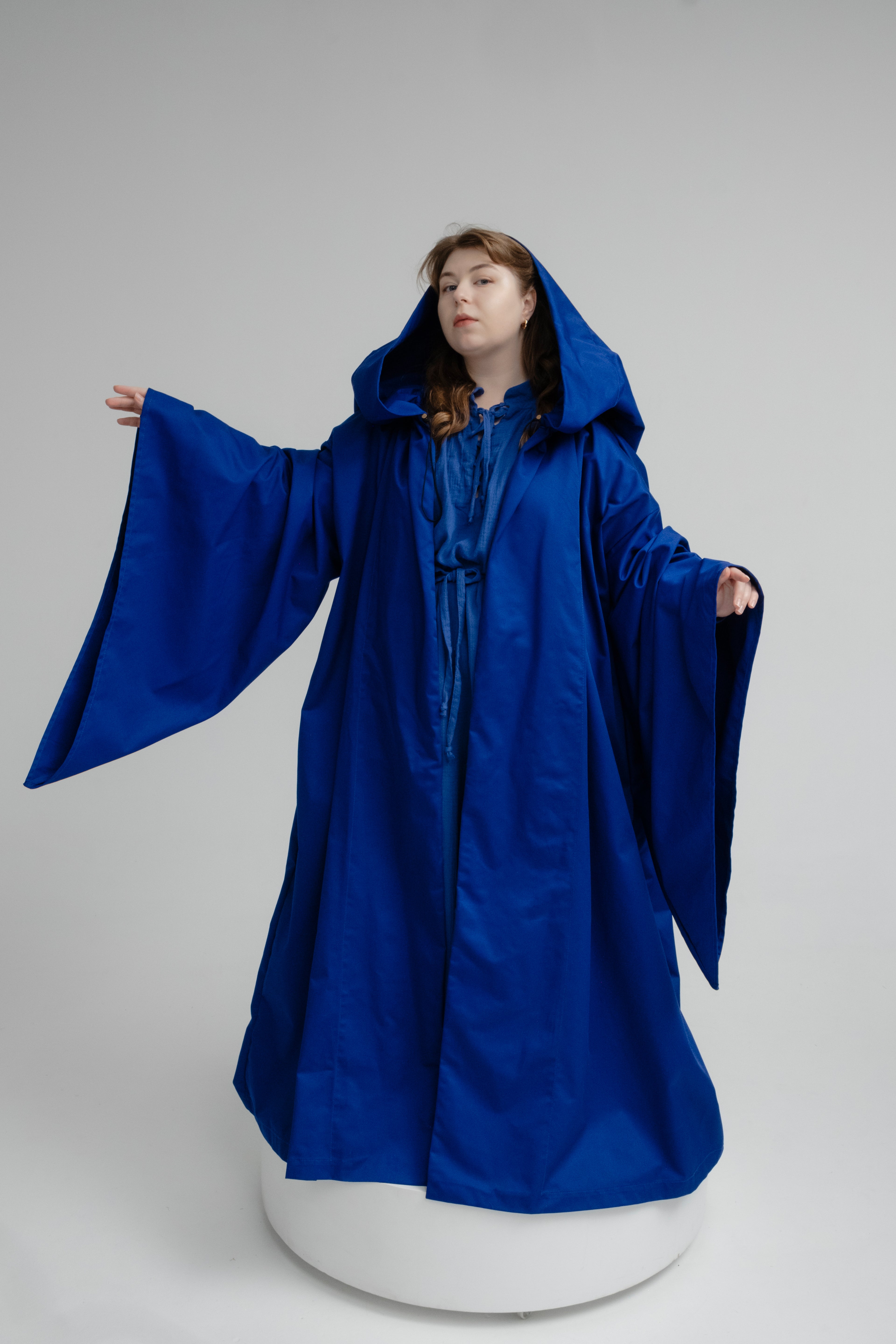 Royal Presence Cloak – Deep Blue Twill Hooded Cape with Defined Shape