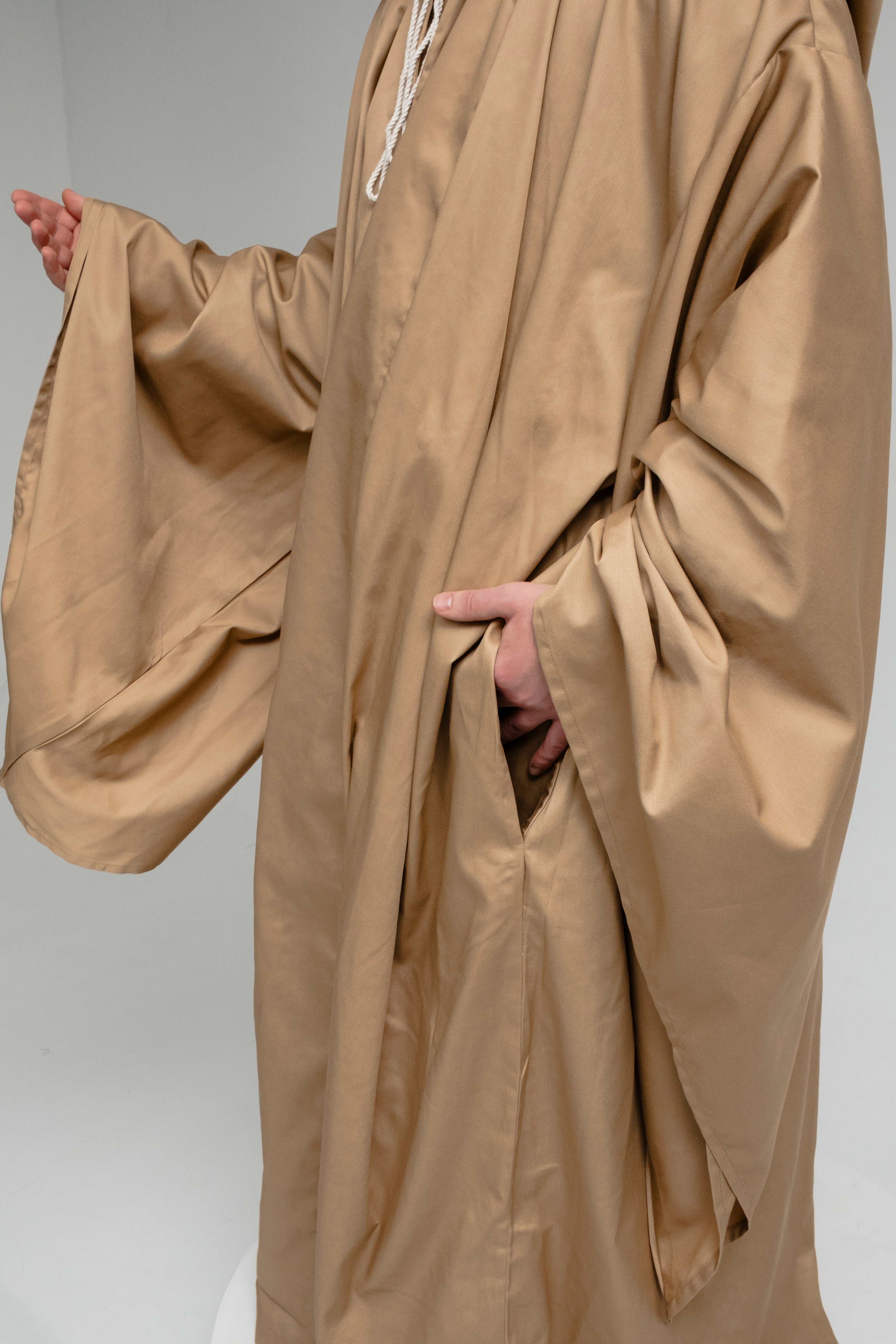 Sun Dune Cloak – Golden Beige Twill Hooded Cape with Warm Light Tone