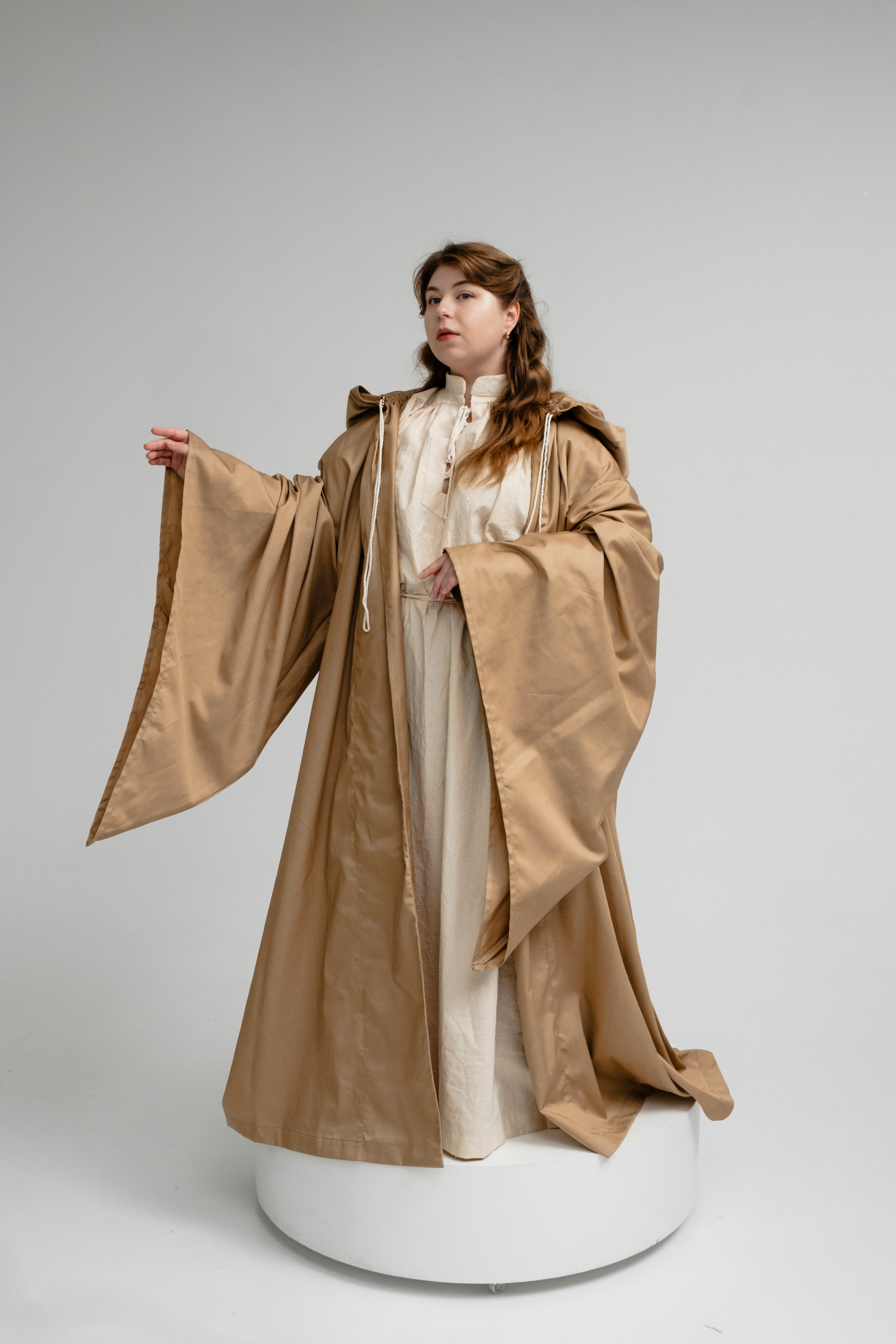Sun Dune Cloak – Golden Beige Twill Hooded Cape with Warm Light Tone