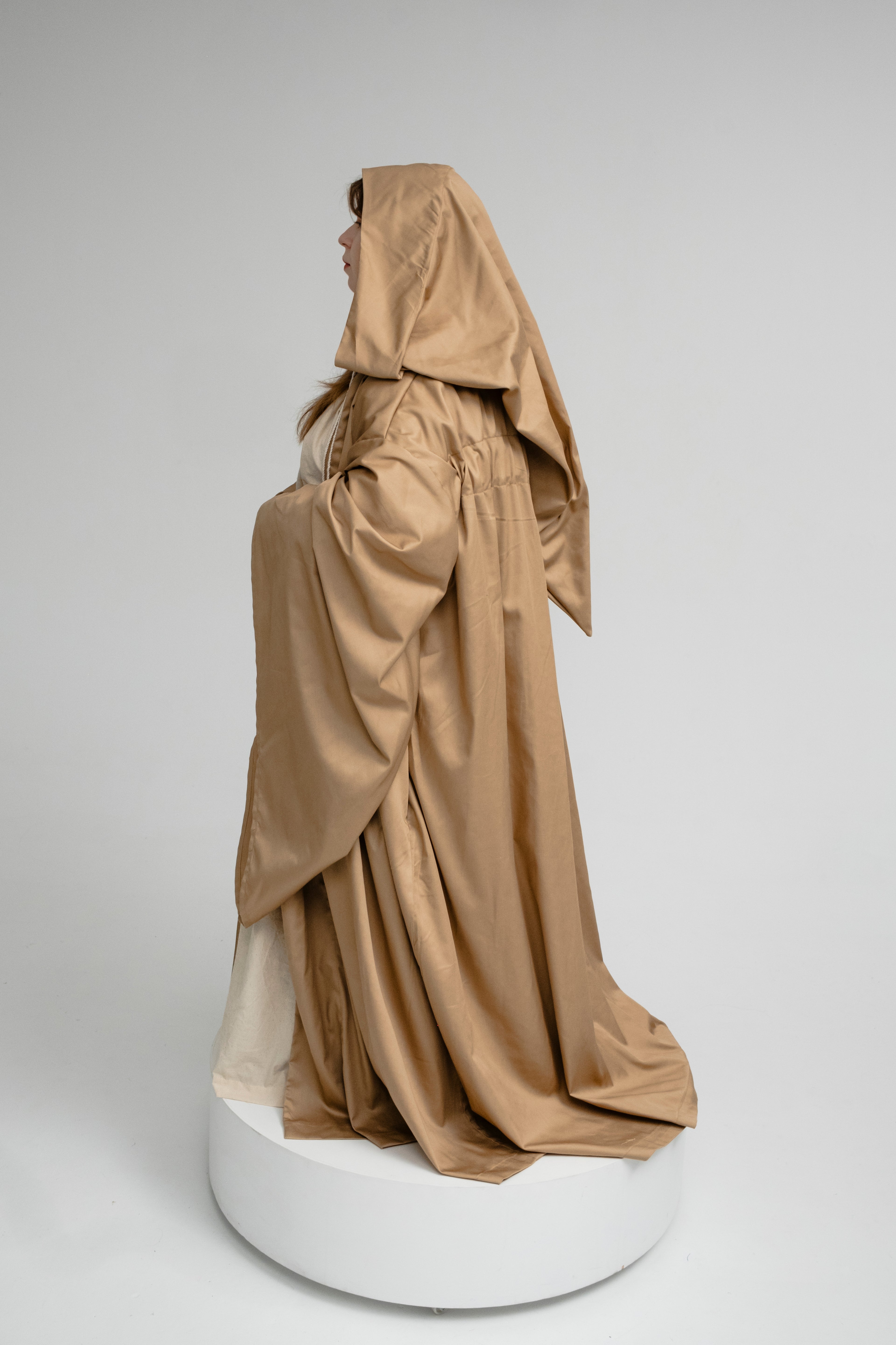 Sun Dune Cloak – Golden Beige Twill Hooded Cape with Warm Light Tone