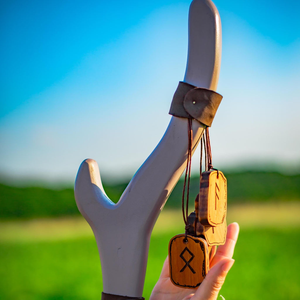 Staff of Runestones – Wooden Rune Staff, Druidic Forest Decor, Handcrafted Magical Prop, Nature Symbol Cane