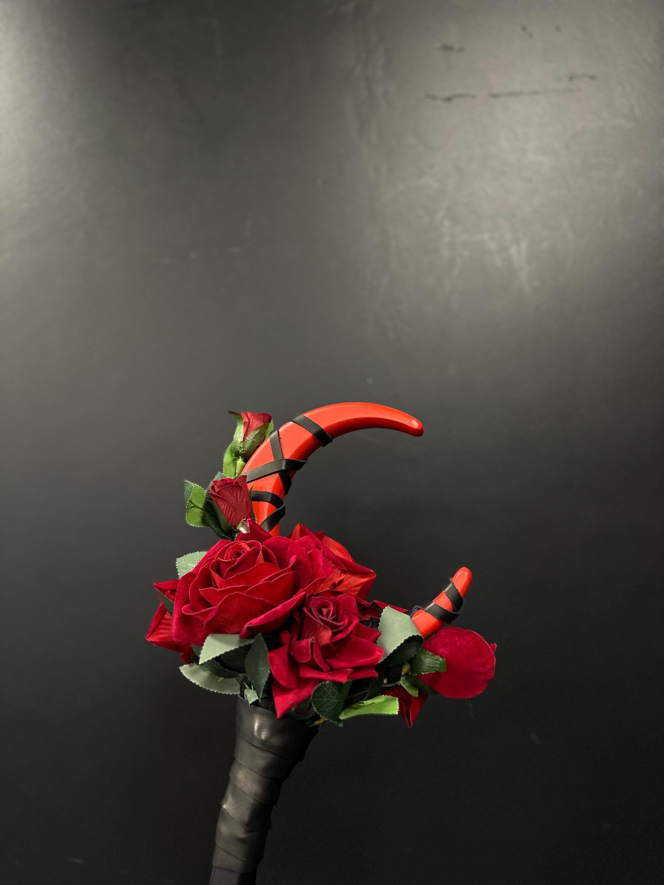 Blood Rose Crescent Moon Staff – Crimson Bloom Red or Burgundy color, Wooden Wizard Wand, Handmade Fantasy Prop, Decorative Alder Staff