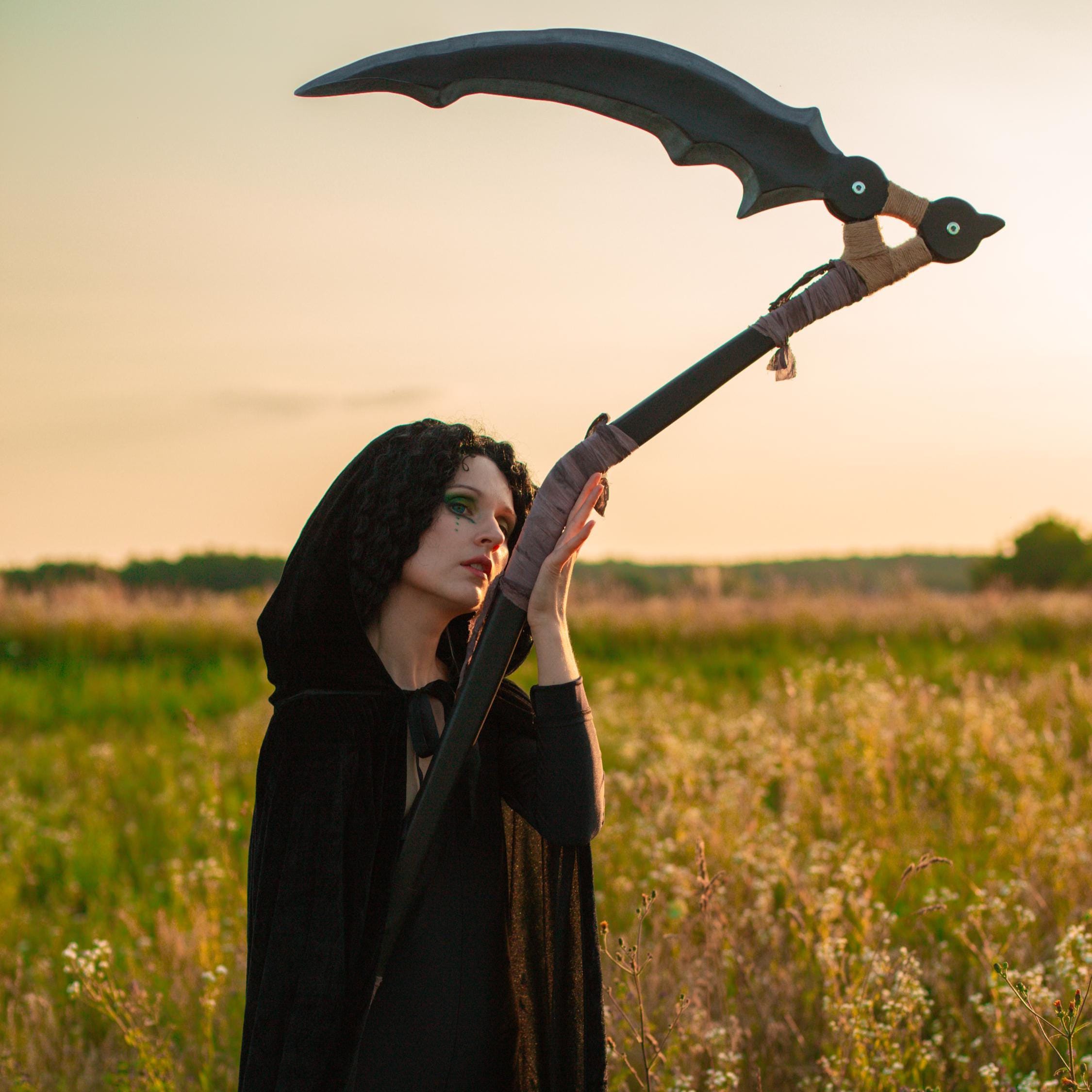 Scythe – Dark Crescent Wooden Black Staff – Handcrafted Fantasy Prop, Reaper, Gothic Fantasy Art Decor, Mystic Sorcerer Accessory