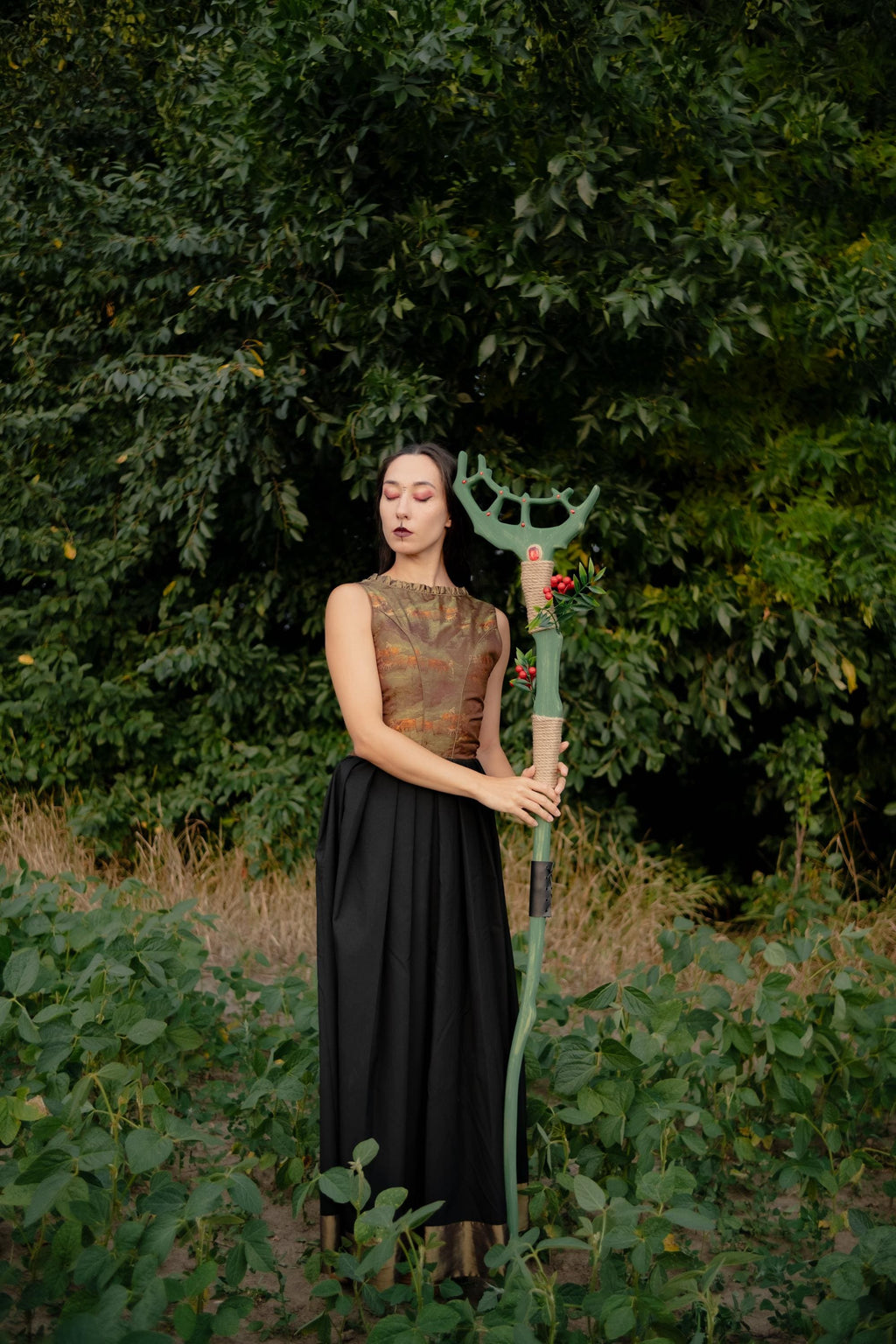 Crown of the Forest  – Elven or Druid Wooden Staff with Antler Design and Red Gemstones for Cosplay