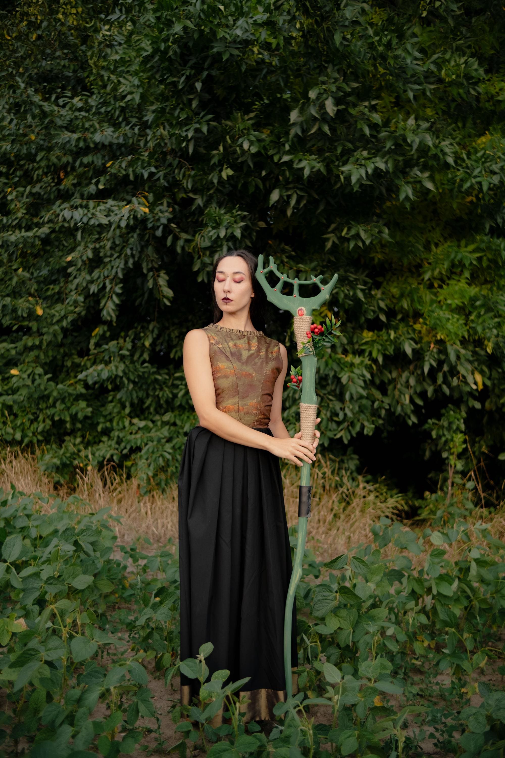 Crown of the Forest  – Elven or Druid Wooden Staff with Antler Design and Red Gemstones for Cosplay