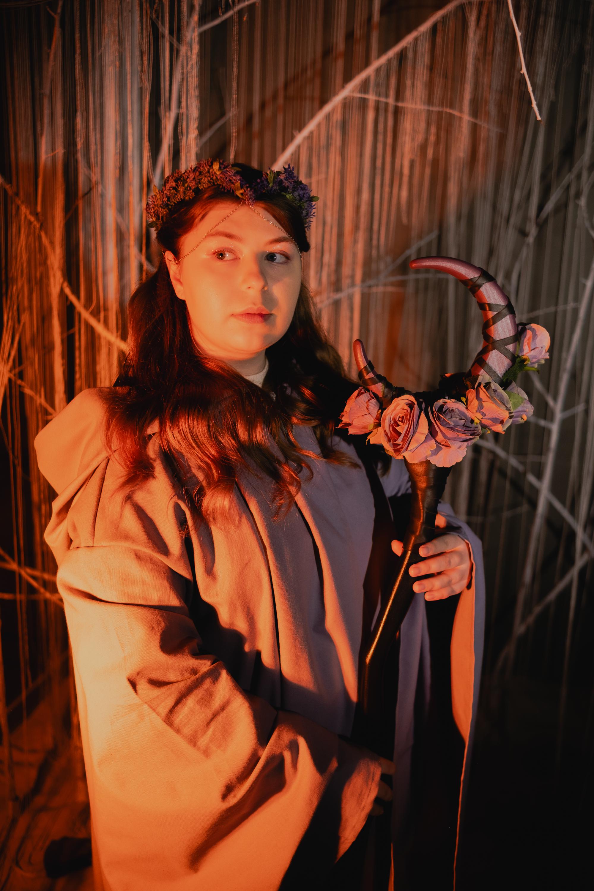 Plum Rose Moon Staff – Handcrafted Wooden Fantasy Stick with Rose Accents for Elvens, Druids and Mages, Wizard Accessory