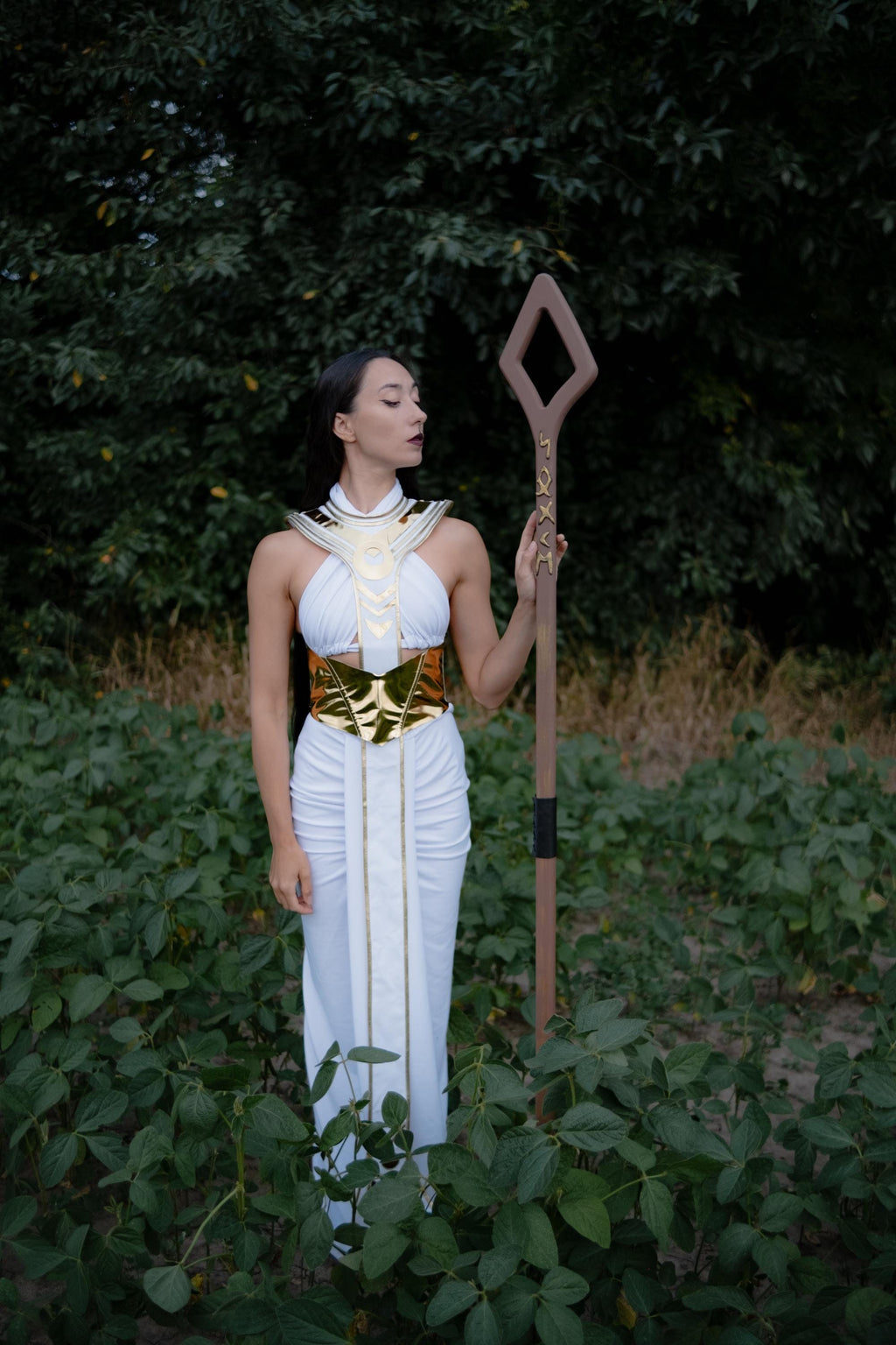 Runestone Staff "Sun" – Wooden Staff with Rune Design and Red Gemstones for Ritual & Cosplay