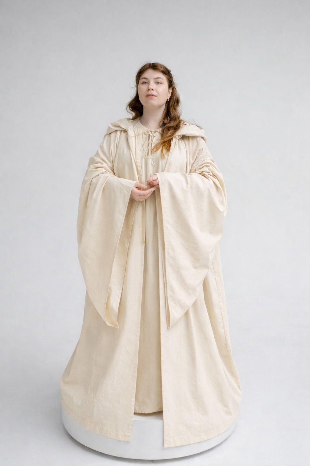 Light Ritual Cloak – Buttercream Linen Hooded Cape with Soft Natural Flow