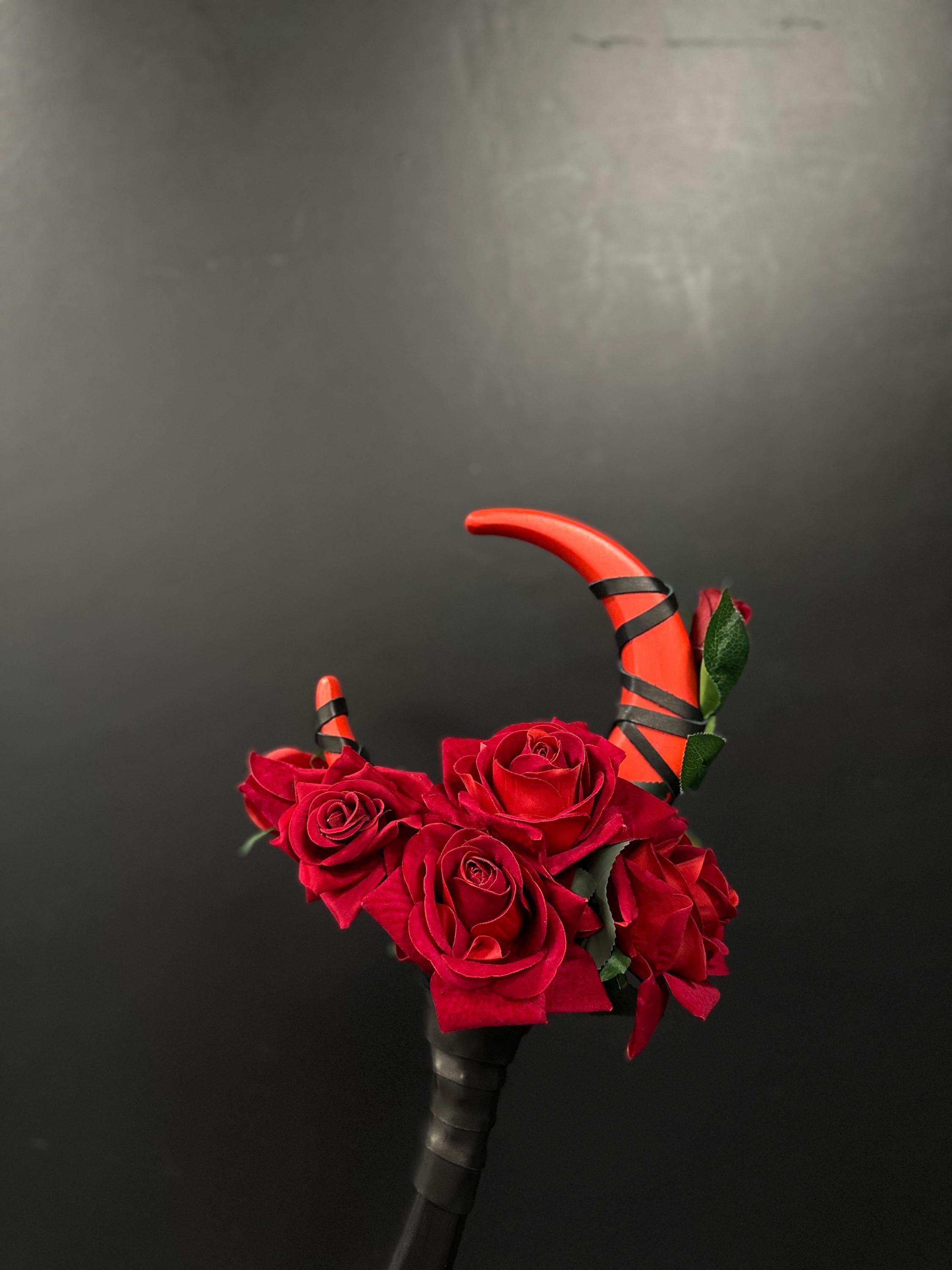 Blood Rose Crescent Moon Staff – Crimson Bloom Red or Burgundy color, Wooden Wizard Wand, Handmade Fantasy Prop, Decorative Alder Staff