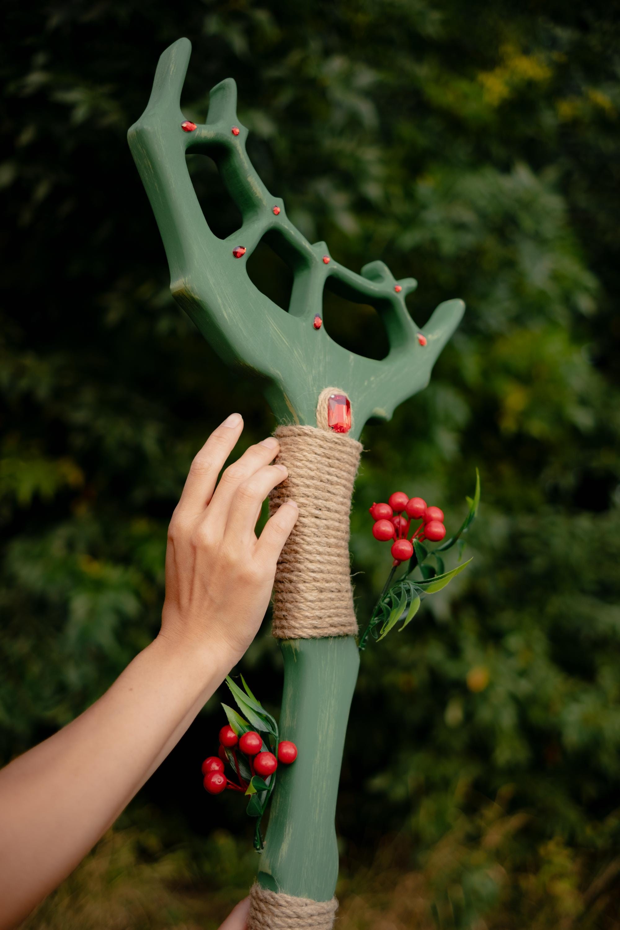 Crown of the Forest  – Elven or Druid Wooden Staff with Antler Design and Red Gemstones for Cosplay
