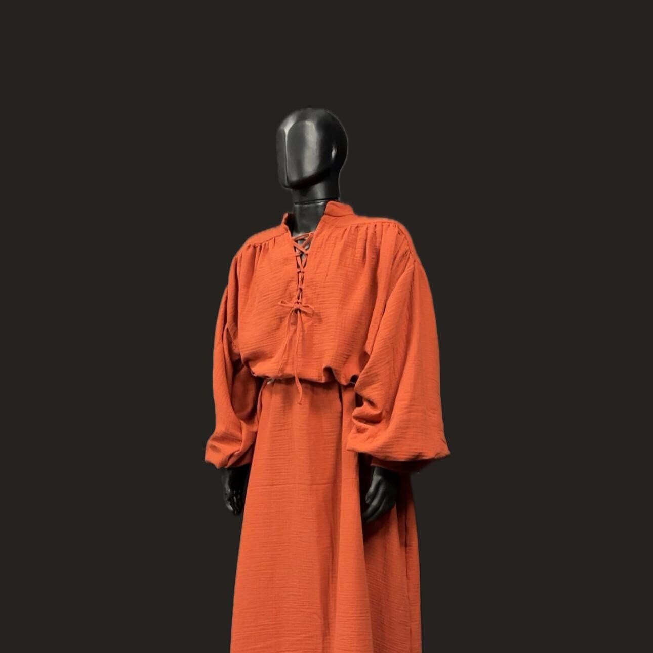 Dark Pastel Red – Dark Red Medieval Tunic, Handmade Renaissance Dress, Fantasy Outfit for Elf or Sorcerer, Terracotta Linen Gown