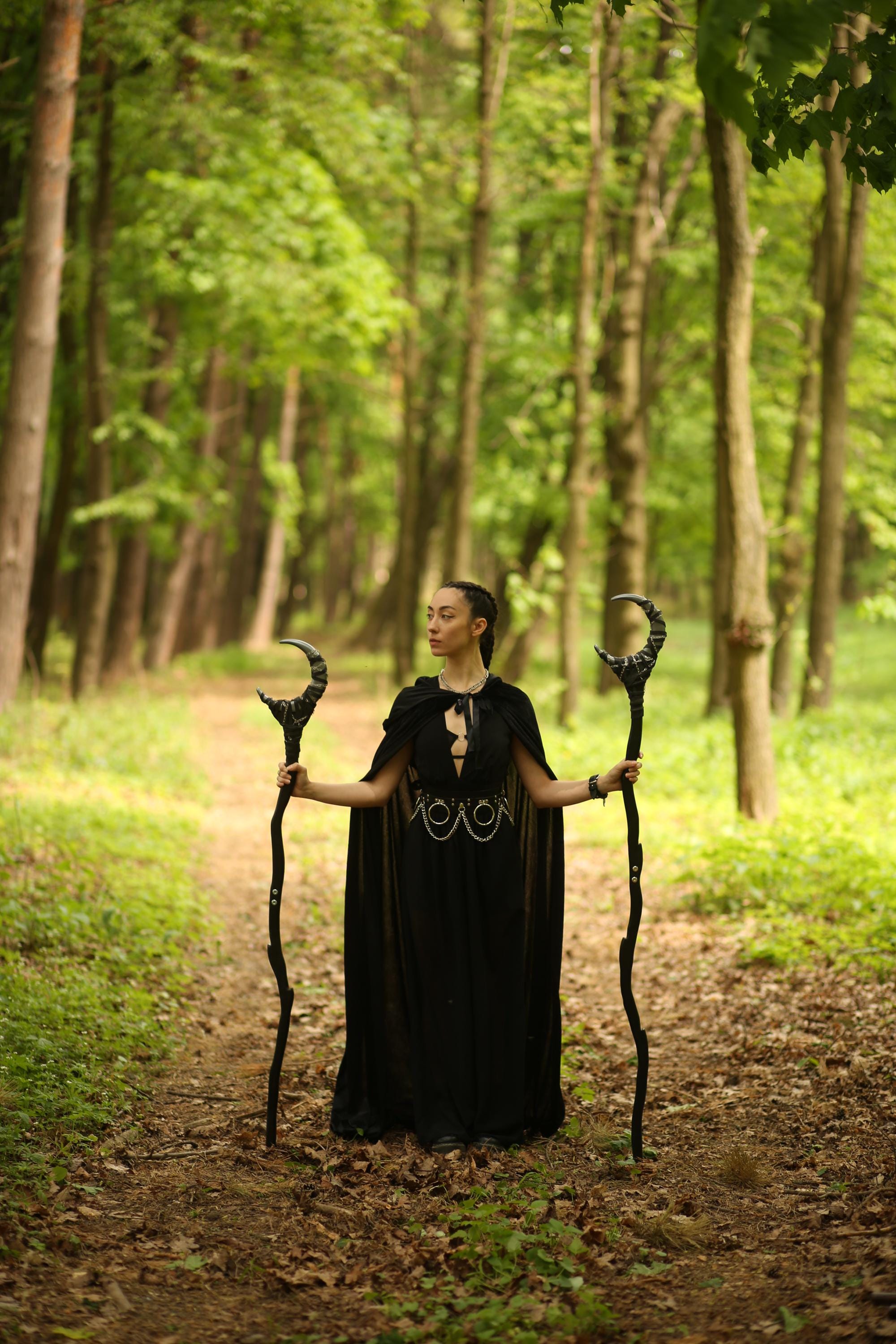 Gun Metal Crescent Moon Staff – Druidic Wand, Wicca Ritual Prop, LARP Wizard Stick, Fantasy Cosplay Accessory, Alder Wood