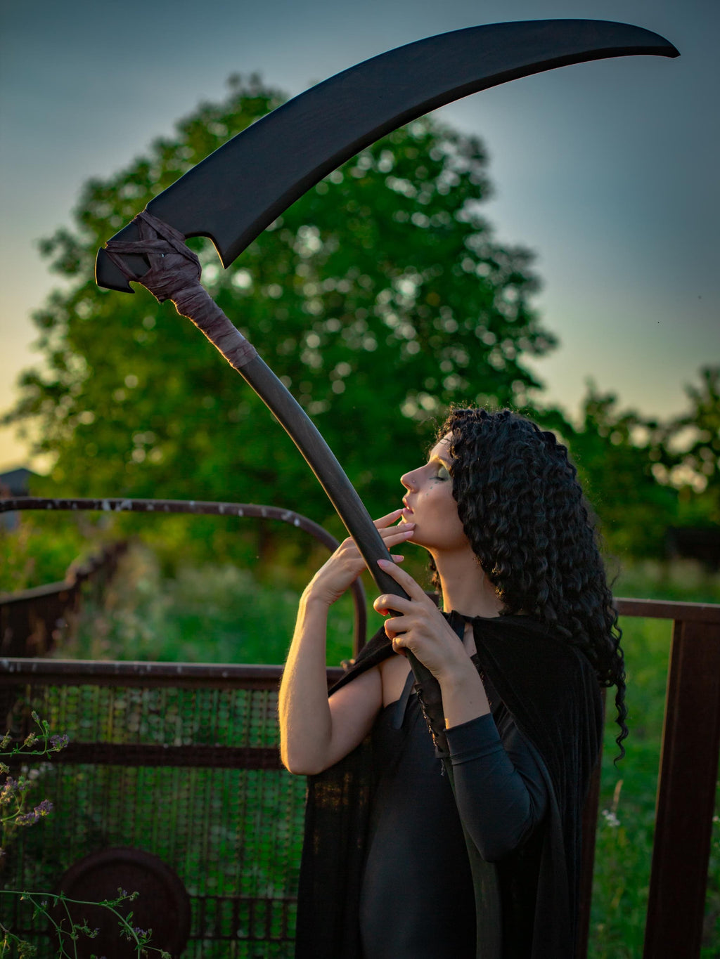 Harvest of Souls Scythe Staff – Handcrafted Wooden Fantasy Prop, Grim Reaper Magical Staff, Dark Sorcerer or Necromancer Decor