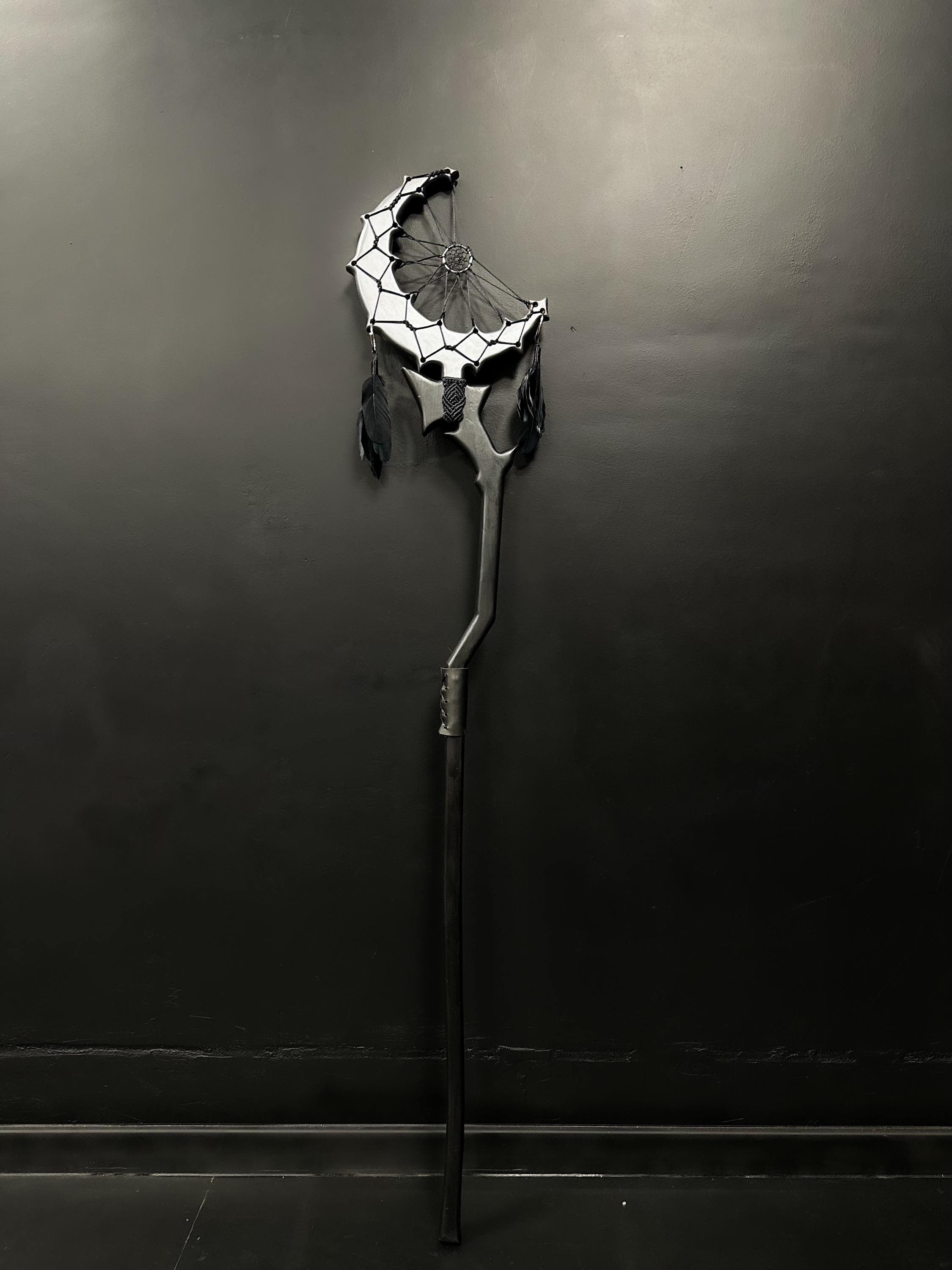 Lunar Dreamcatcher Staff – Handmade Silver Moon, Black Crescent Ritual Prop, Accessory with Feathers & Web, Costume Accessories, Macrame Art