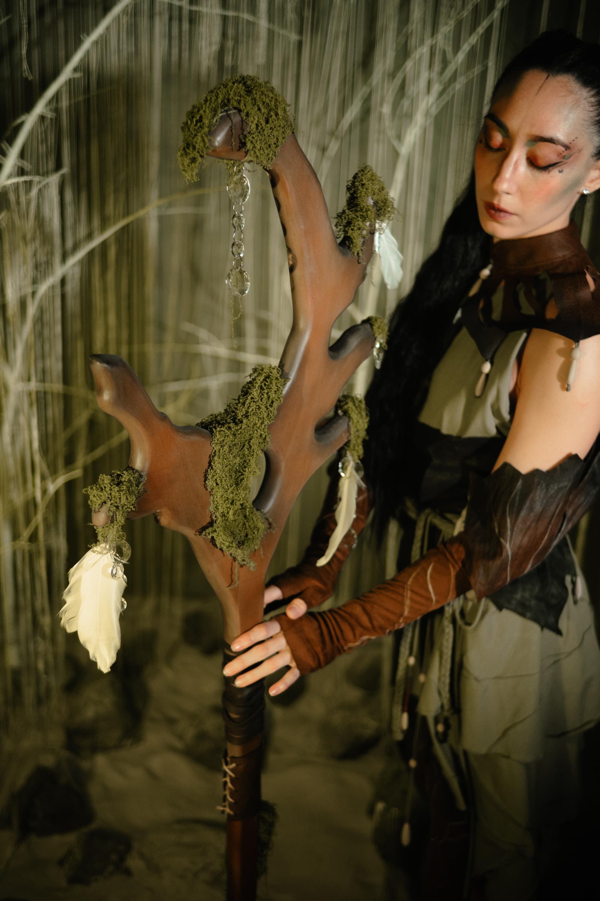 Elder Grove Spirit Staff – Wooden Fantasy Prop with Moss & Crystal Accents