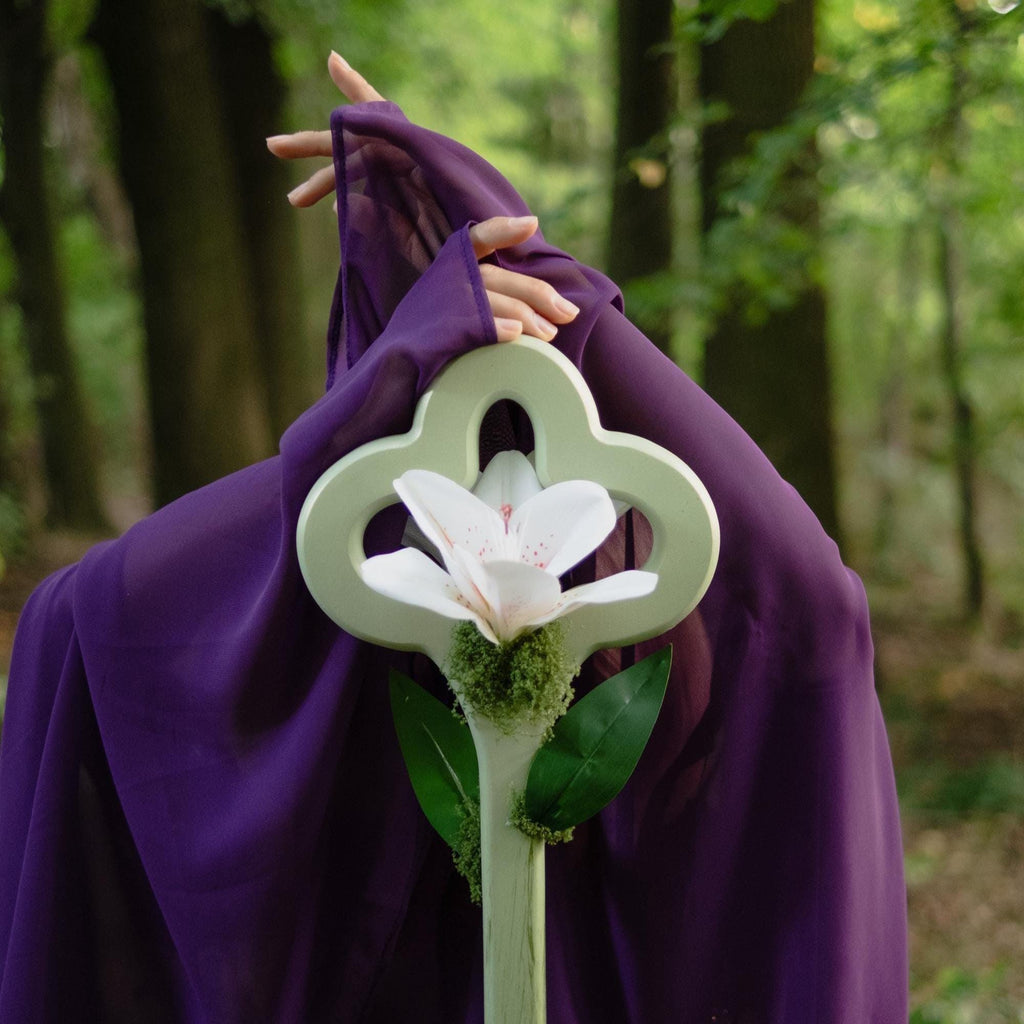 Lily Bloom Staff – Mint White Handmade Wooden Fantasy Cosplay Prop, Elf Druid Staff with Moss Accents
