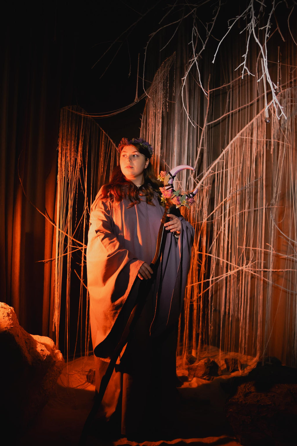 Petal Moon Charm –  Floral Crescent Wood Wizard Staff, Alder Fantasy Staff, Blossom Magic Cane, Rose Moon Stave, Nature Inspired Costume