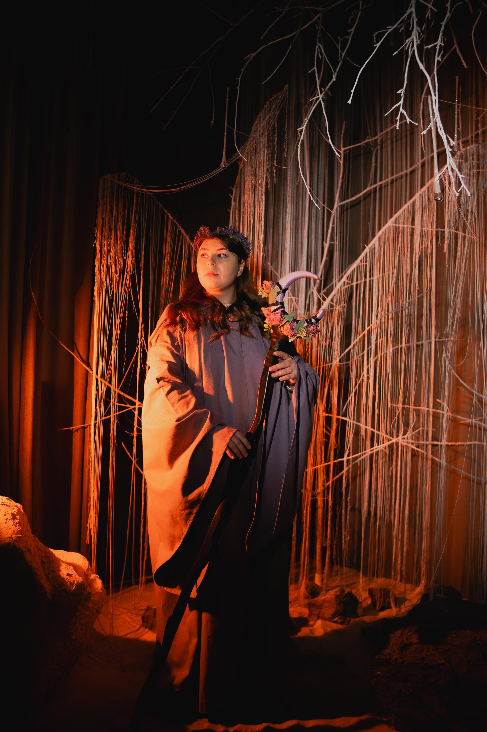 Petal Moon Charm –  Floral Crescent Wood Wizard Staff, Alder Fantasy Staff, Blossom Magic Cane, Rose Moon Stave, Nature Inspired Costume