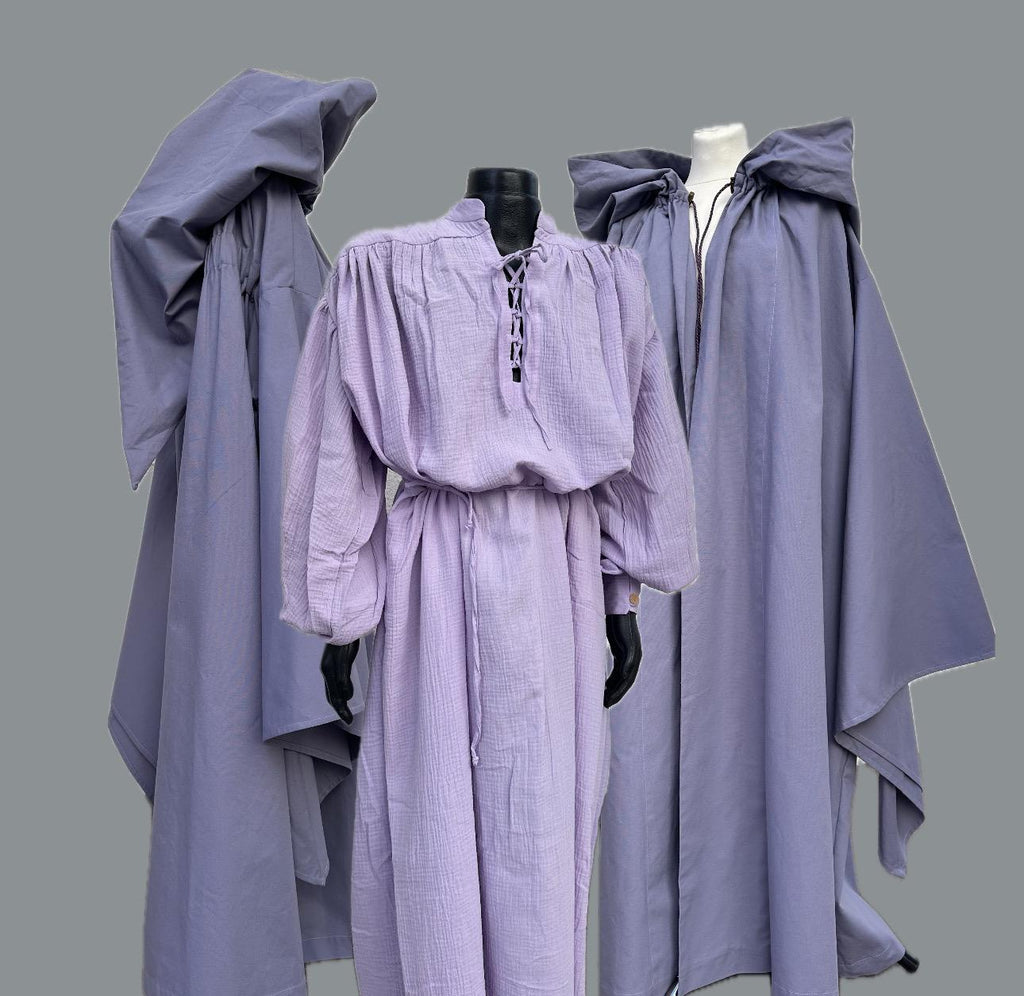 Lavender Moon Set – Mist Gray Harmony, Lavender Gray Cloak and Tunic, Elven Mage Outfit, Soft Gray Lavender Robe, Renaissance Attire